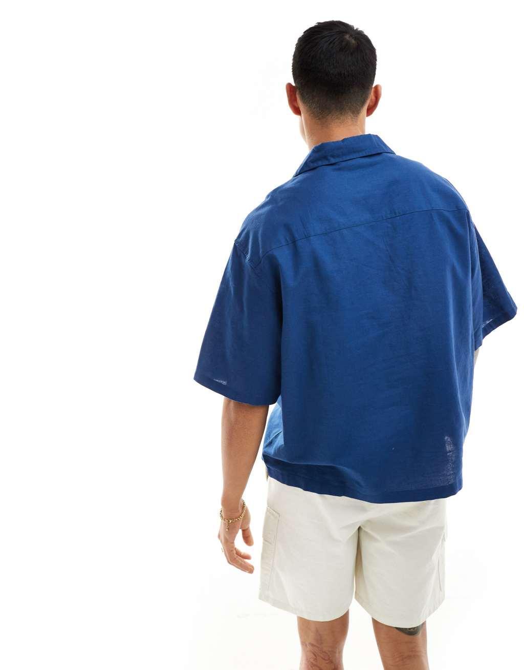 ASOS DESIGN boxy oversized linen blend shirt with camp collar in royal blue Product Image