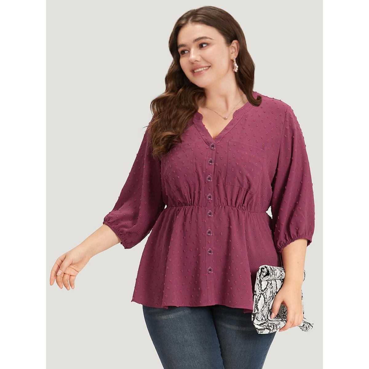 Plus Size Purple Plain Notched Button Through Lantern Sleeve Blouse Women Office Elbow-length sleeve Notched collar Work Blouses BloomChic 10/M Product Image