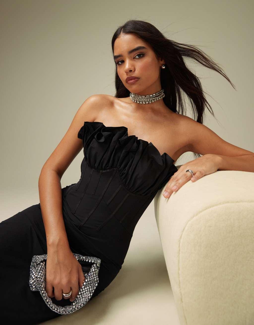 ASOS DESIGN exaggerated ruffle bandeau corset midi dress in black Product Image