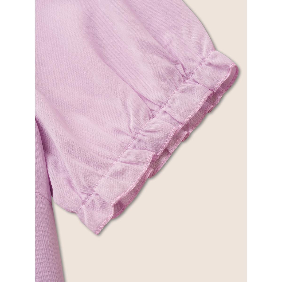 Plus Size Lavender Solid Mesh Pleated Lantern Sleeve Blouse Women Elegant Short sleeve Round Neck Everyday Blouses BloomChic 14-16/1X Product Image