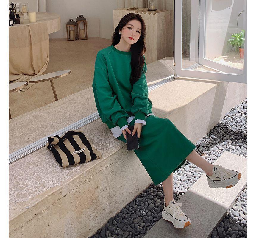 Set: Round Neck Plain Sweatshirt + Drawstring Waist Slit Midi A-Line Skirt Product Image