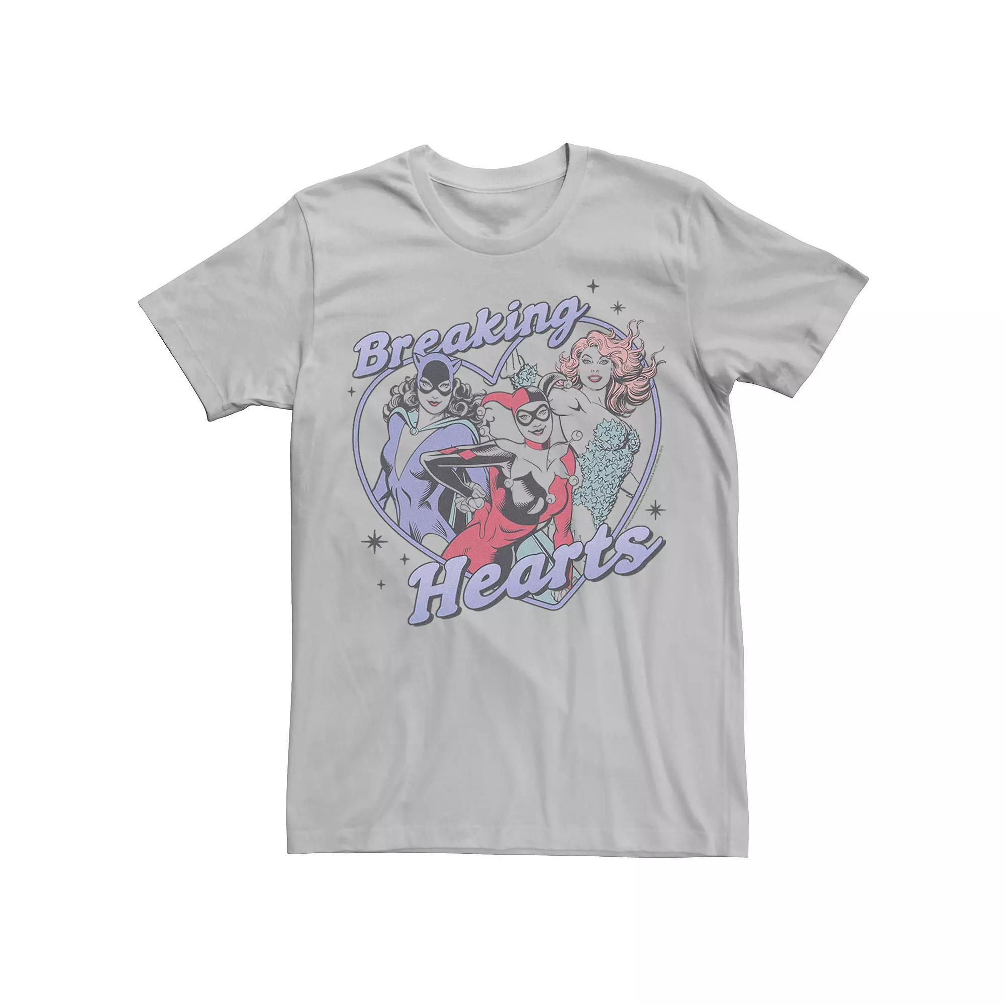 Men's Batman Harley Quin Batwoman Poison Ivy Breaking Hearts Poster Tee, Size: Small, Silver Product Image
