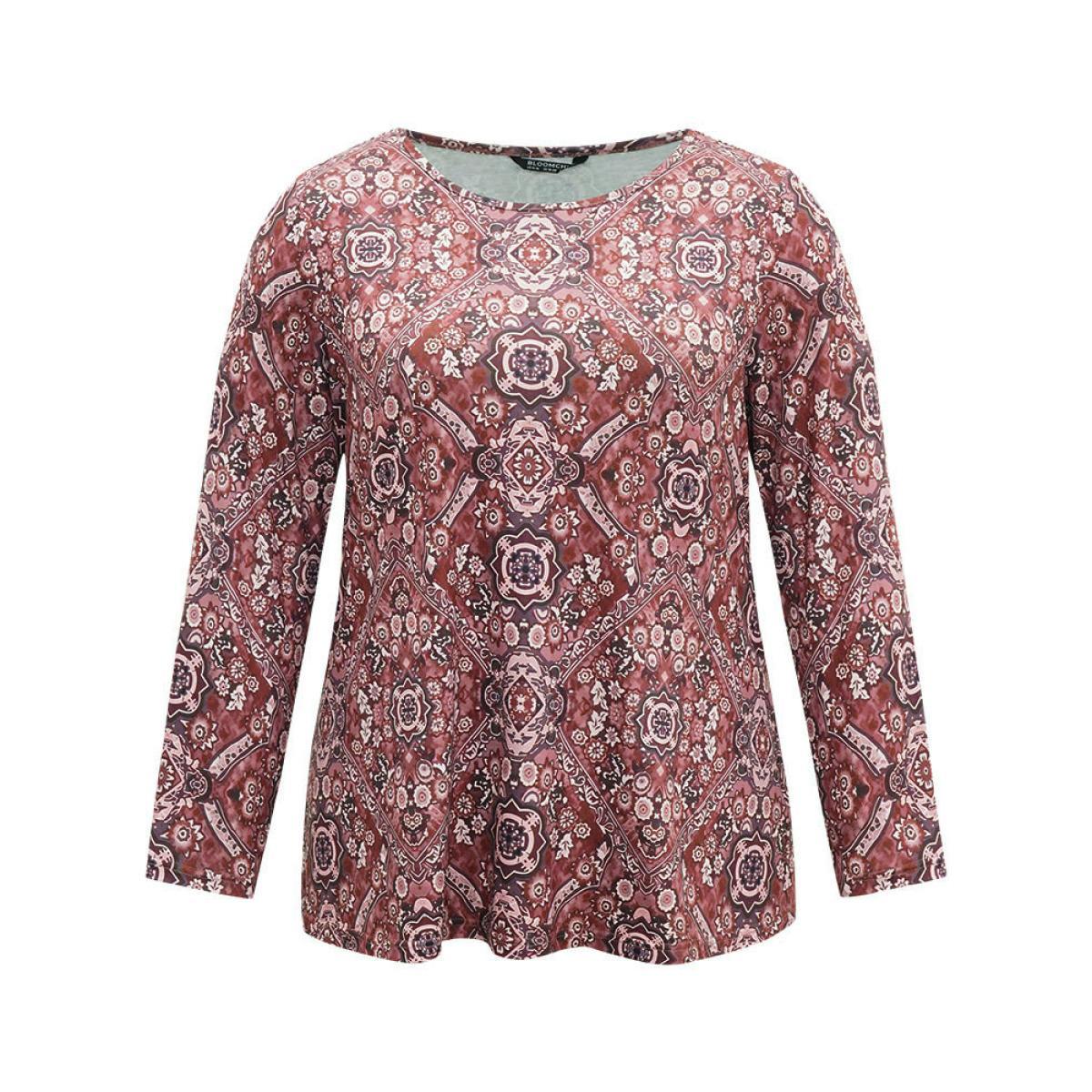 Plus Size Bandana Print Round Neck T-shirt Multicolor Women Casual Printed Bohemian Print Round Neck Dailywear T-shirts BloomChic 14-16/1X Product Image