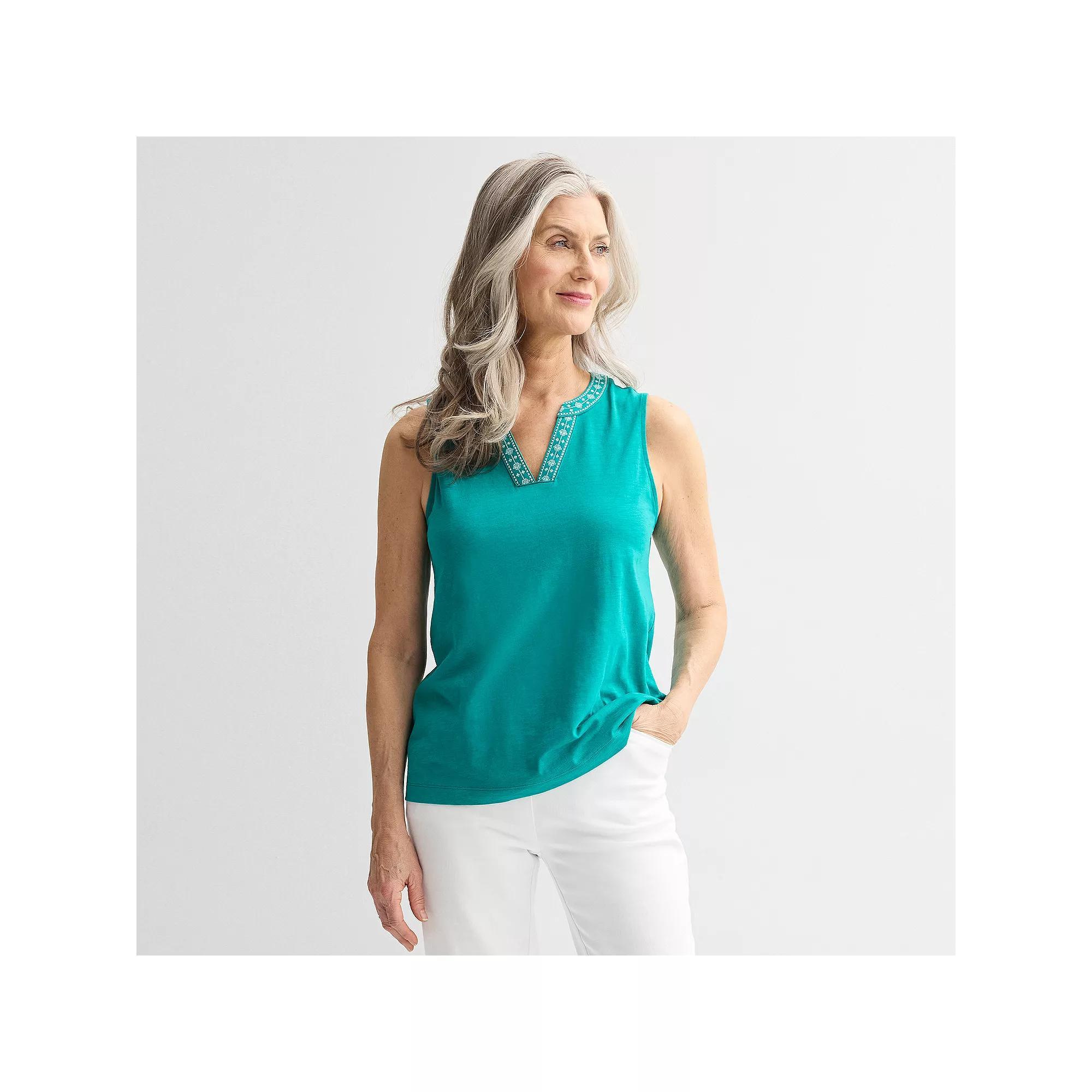 Women's Croft & Barrow® Embroidered Edge Tank Top, Size: Medium, Seattle Blue Product Image