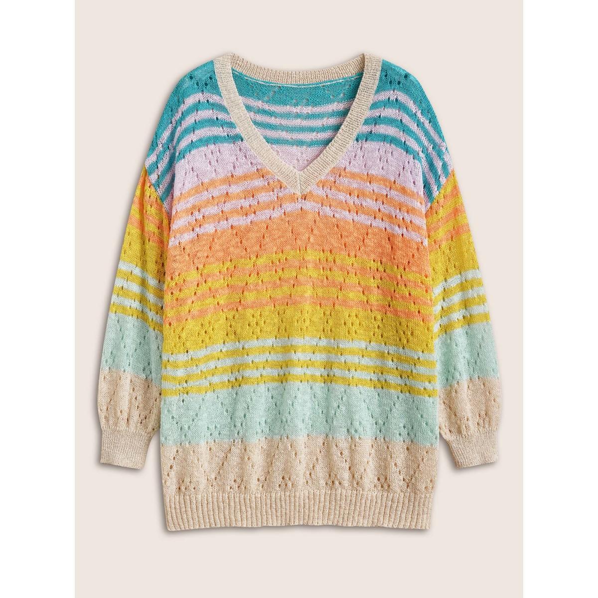 Plus Size Color Striped Hollow Out Pullover Multicolor Women Casual Long Sleeve V-neck Everyday Pullovers BloomChic 14-16/1X Product Image