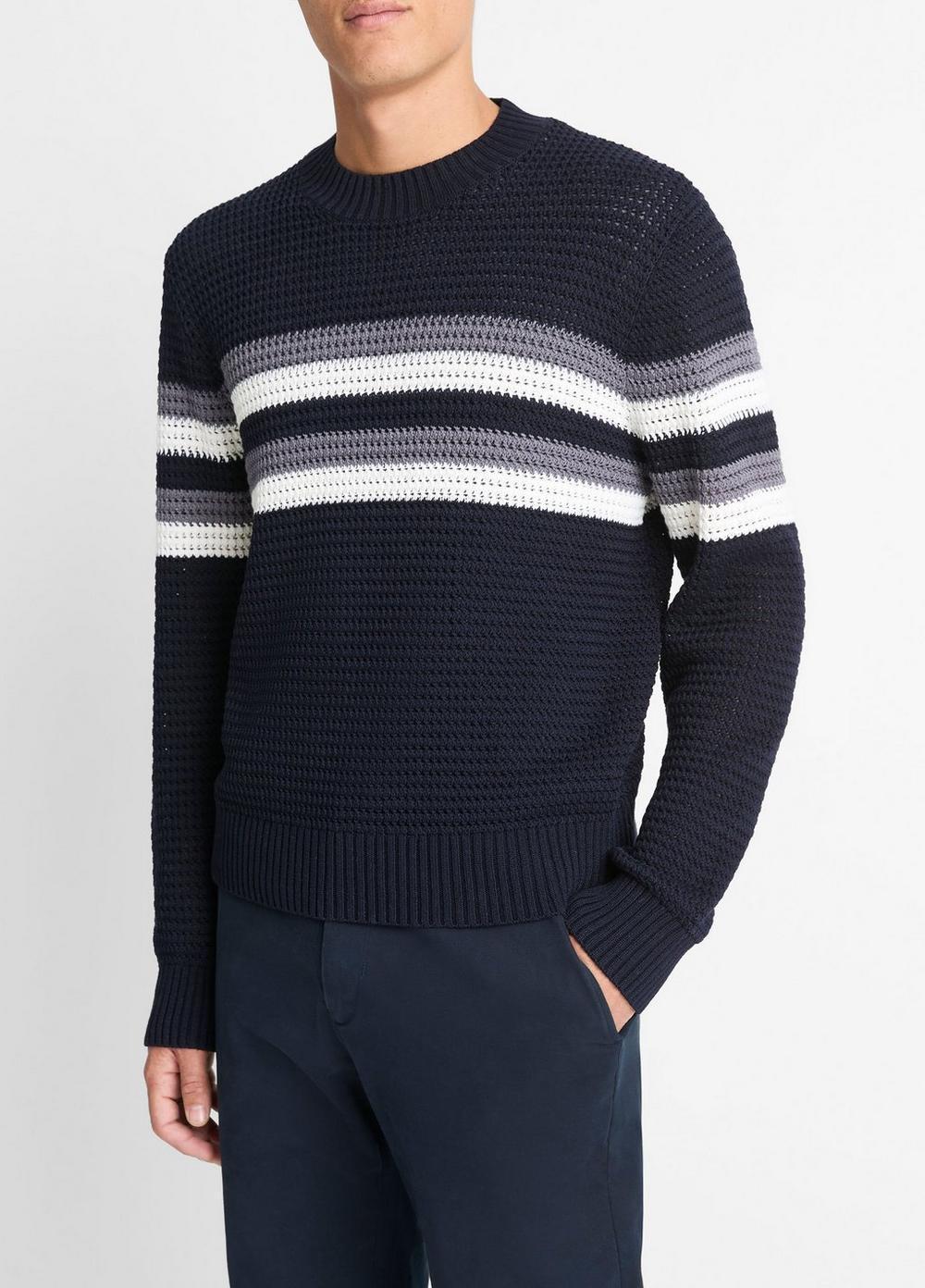 Mens Crafted Crochet Striped Cotton Sweater, Coastal Blue Combo, Size XL Vince Product Image