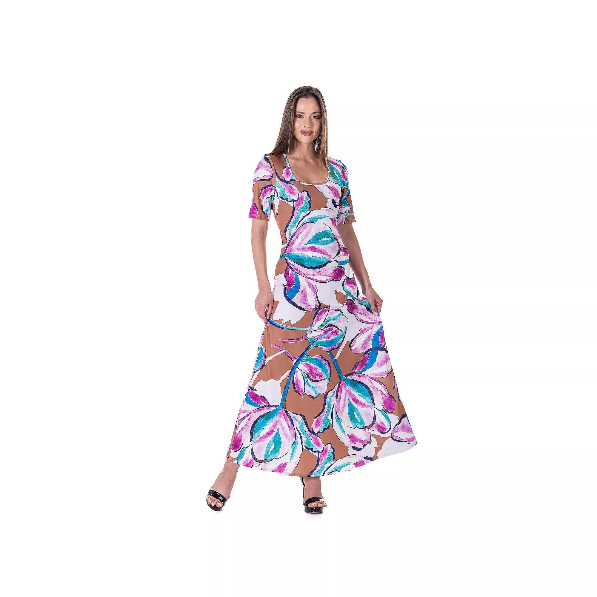 Women's 24Seven Comfort Apparel Elbow Sleeve Casual A Line Maxi Dress, Size: Small, Pink Team Product Image