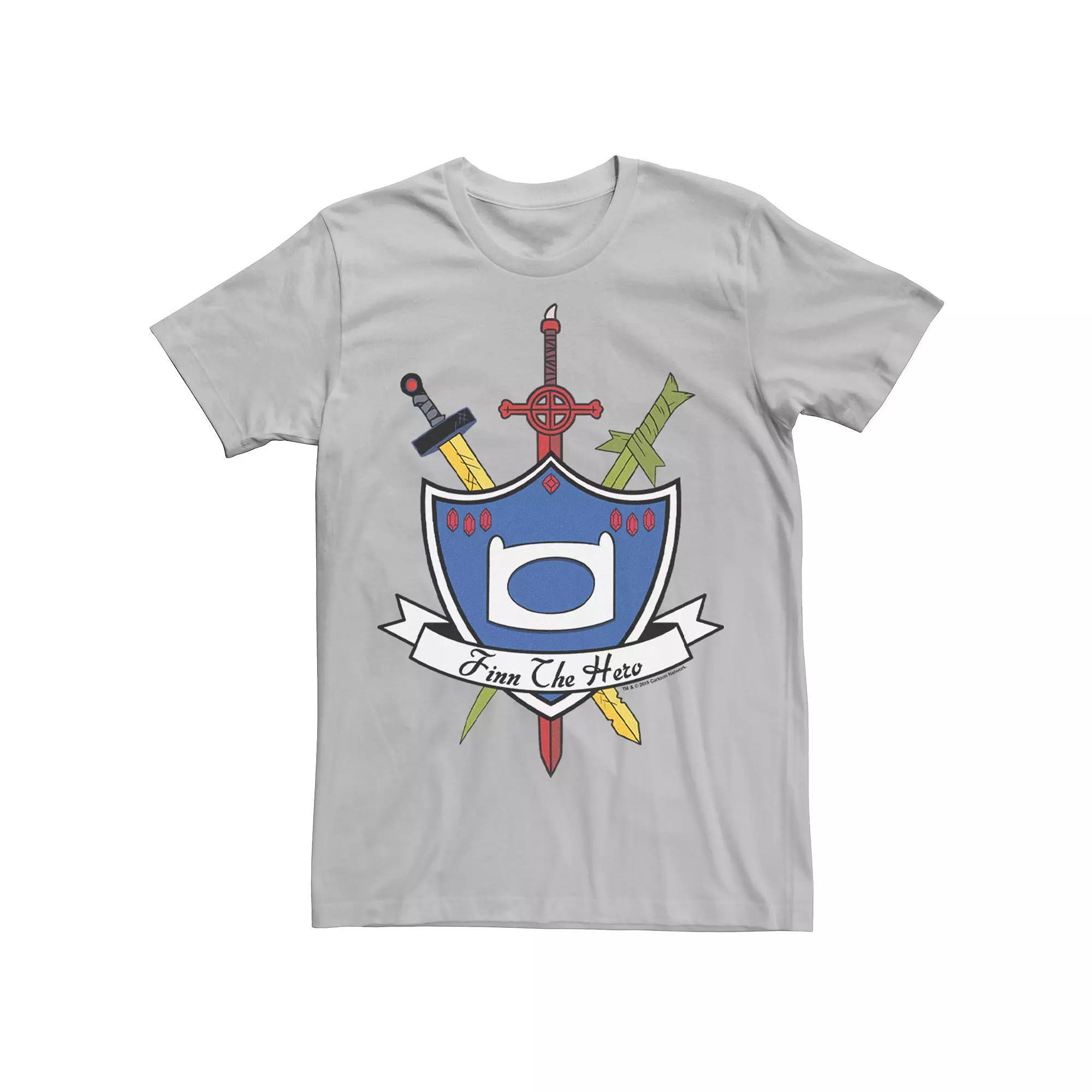 Men's Adventure Time Finn The Hero Sword And Shield Banner Tee, Size: 3XL, Athletic Grey Product Image