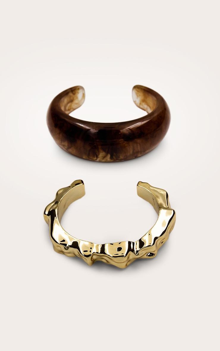 Brown Resin and Gold Textured Cuff Set Product Image