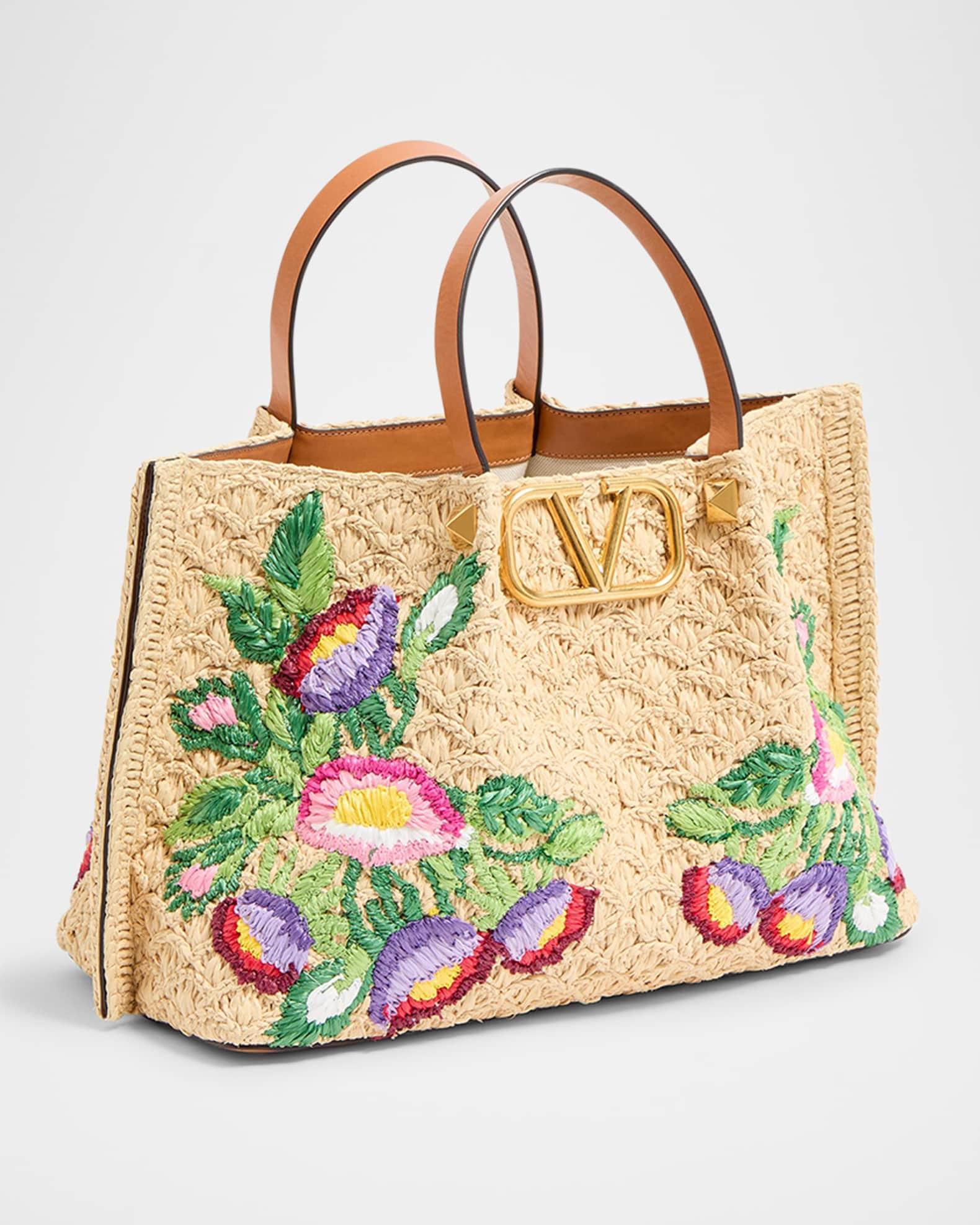 Floral Embroidered Raffia Medium Shopping Tote Bag Product Image