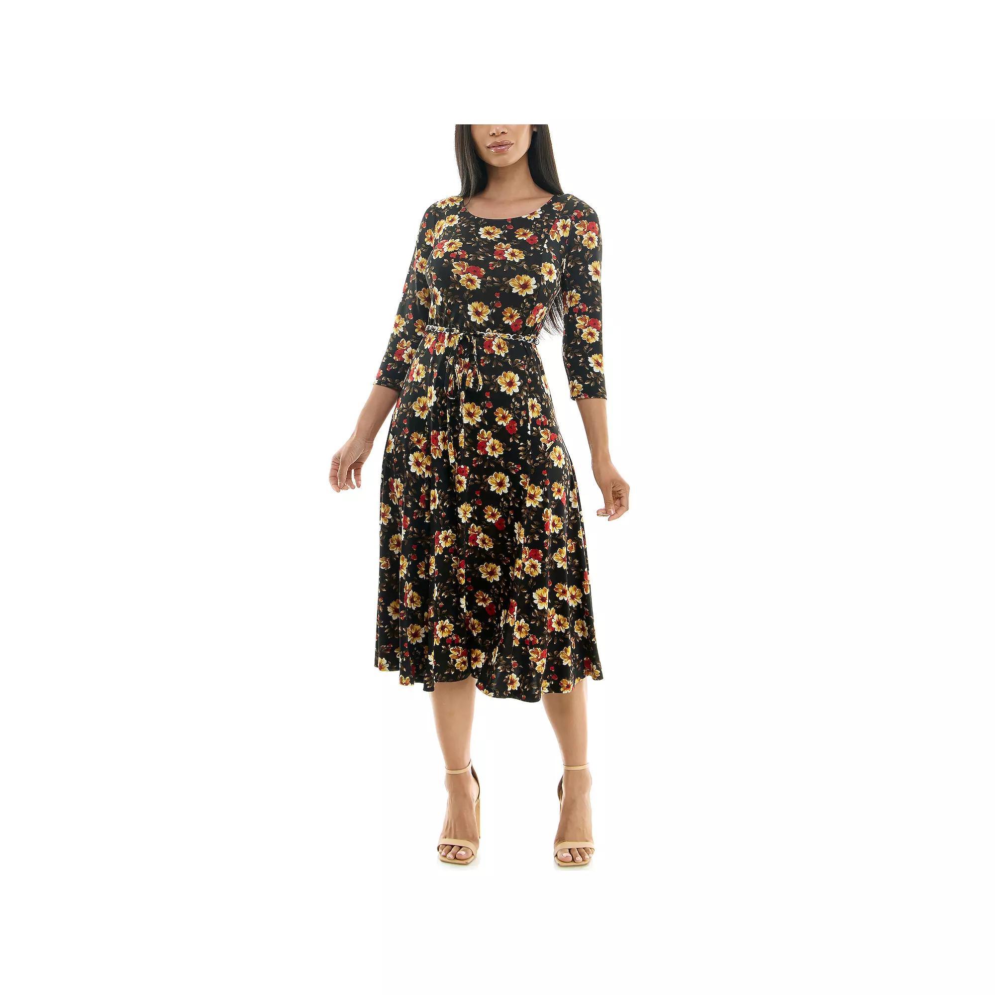 Women's Nina Leonard Patchwork-Print Midi Dress, Size: Large, Black Rust Gold Product Image