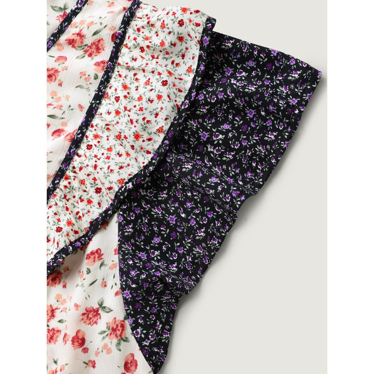 Plus Size Multicolor Floral Panel Ruffled Sleeve Blouse Women Cap Sleeve Notched collar Everyday-Elegant Blouses BloomChic 26/4X Product Image