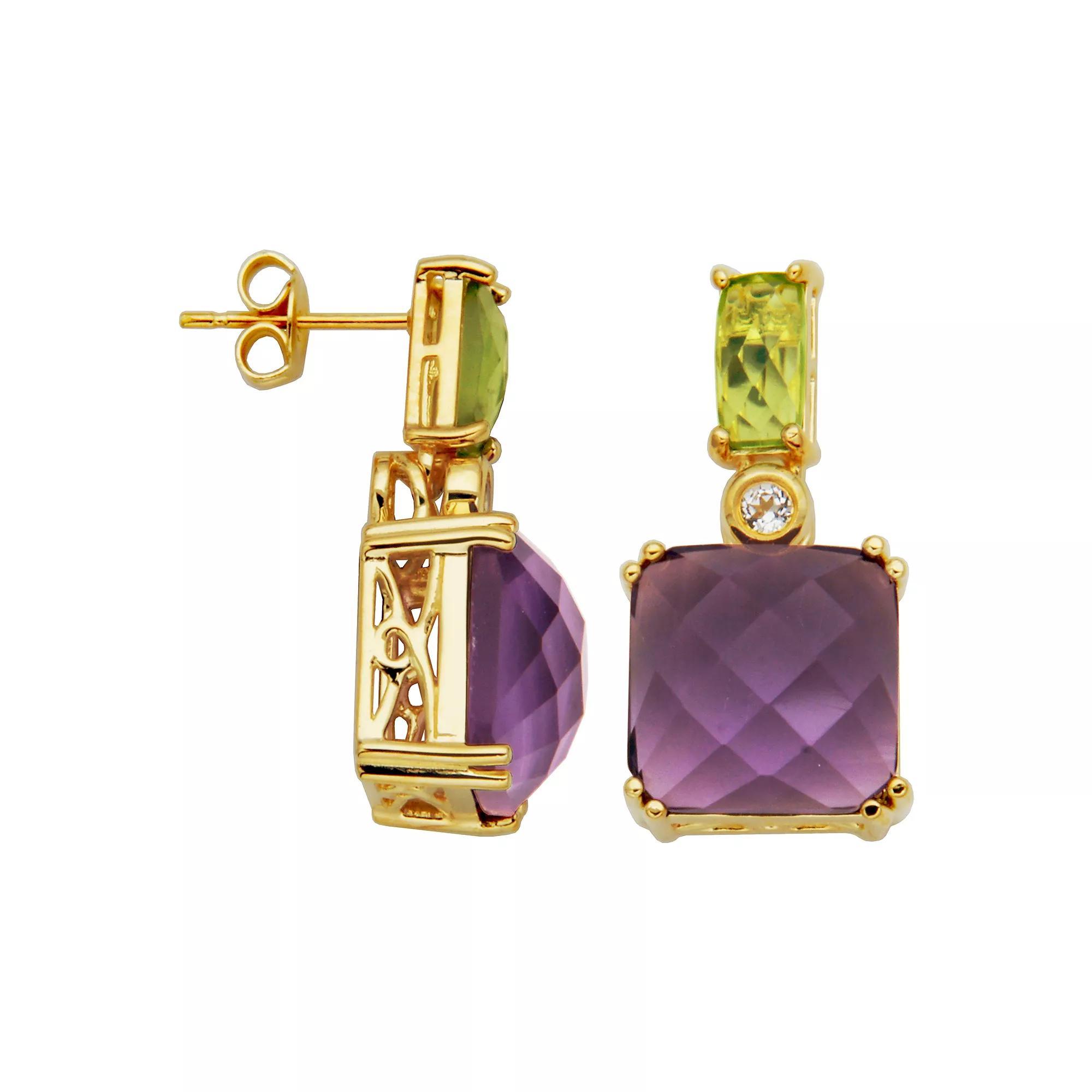 18k Gold Over Sterling Silver Amethyst and Peridot Drop Earrings, Women's, Gold Tone Product Image