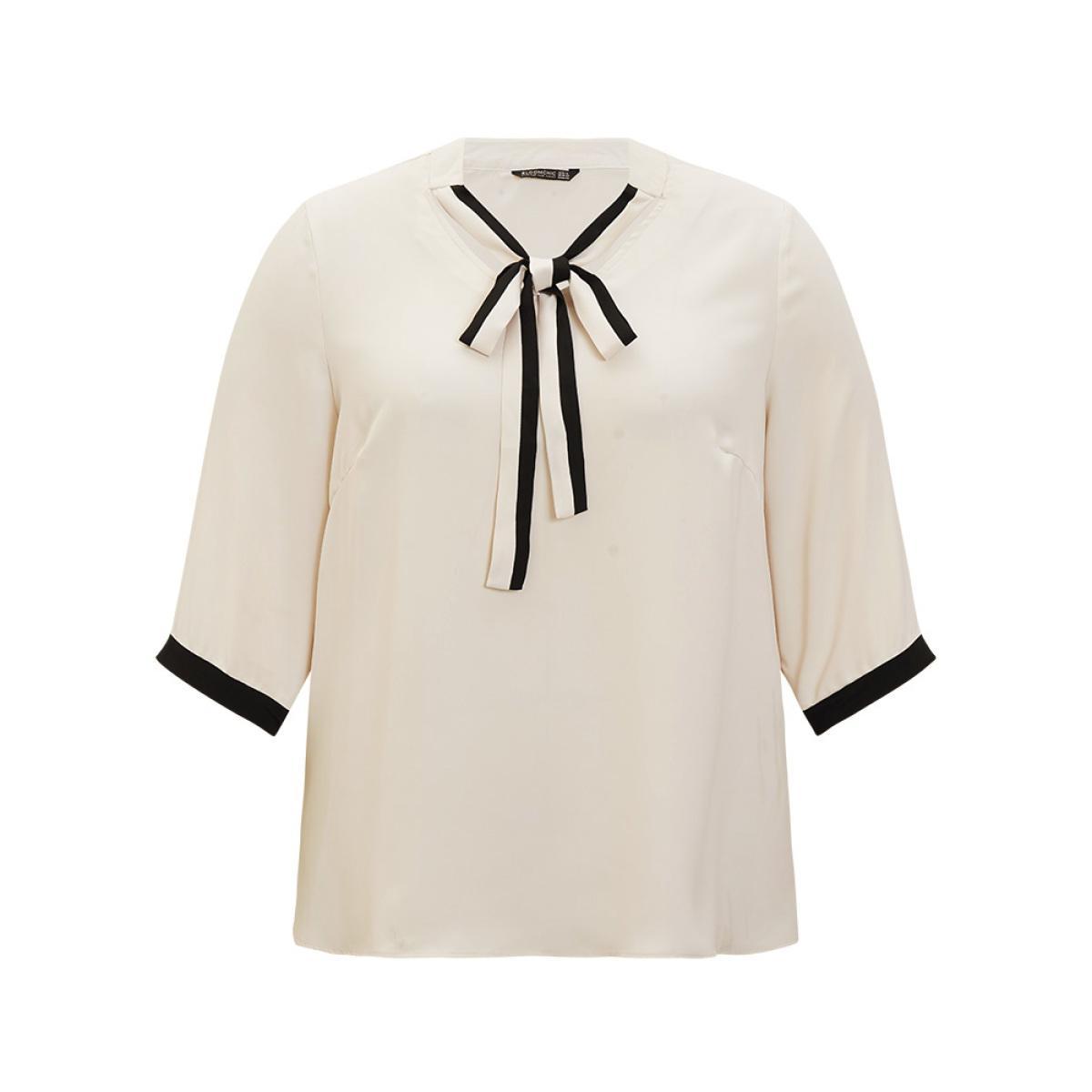 Plus Size Ivory Contrast Trim Knot Neck Blouse Women Office Elbow-length sleeve Tie Neck Work Blouses BloomChic 18-20/2X Product Image