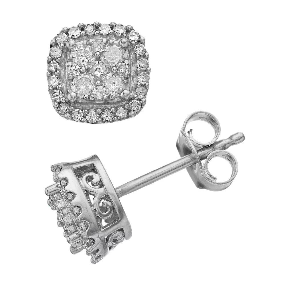 Sterling Silver 1/2 Carat T.W. Diamond Square Shape Halo Stud Earrings, Women's Product Image