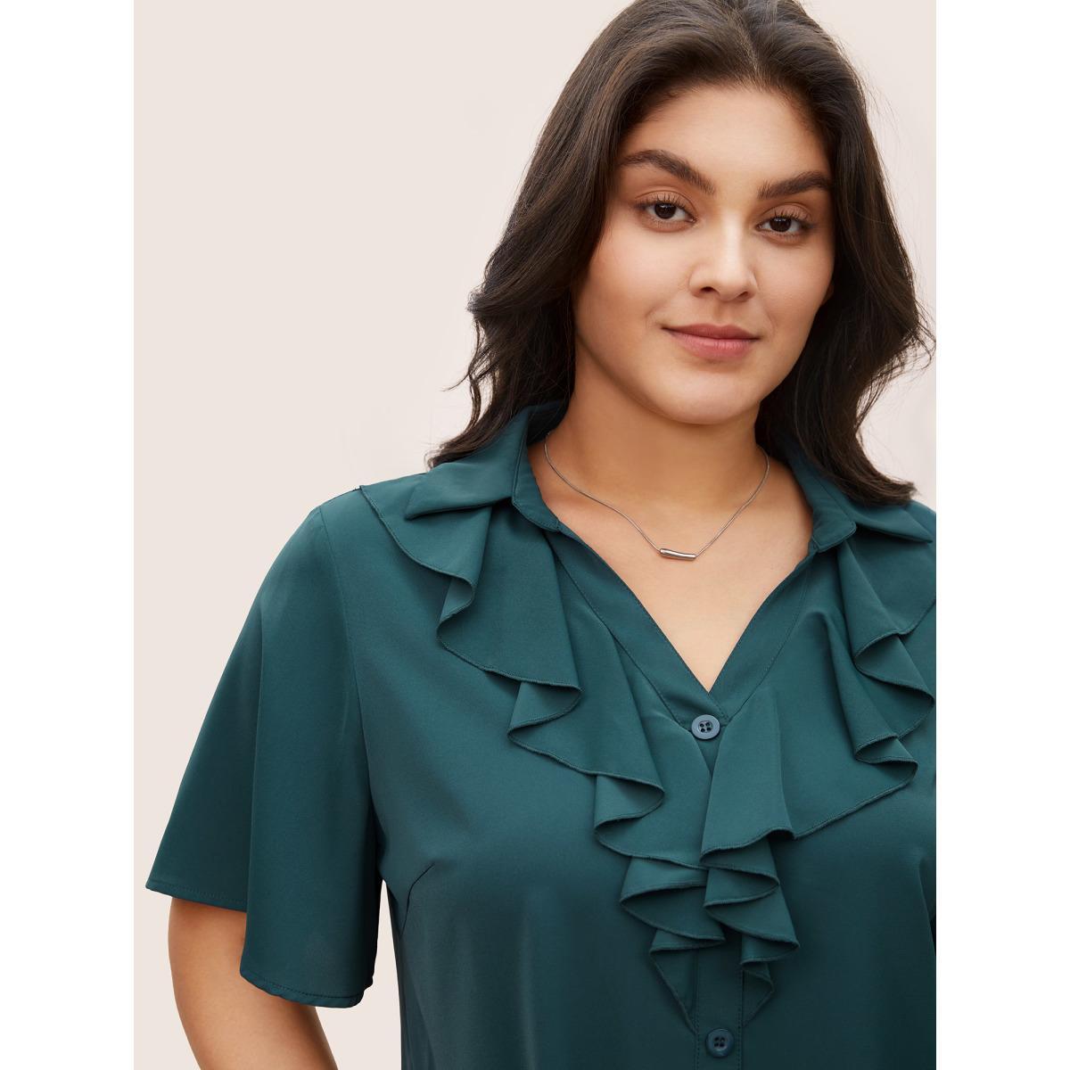 Plus Size Cyan Solid Button Detail Ruffle Trim Blouse Women At the Office Short sleeve Shirt collar Work Blouses BloomChic 22-24/3X Product Image