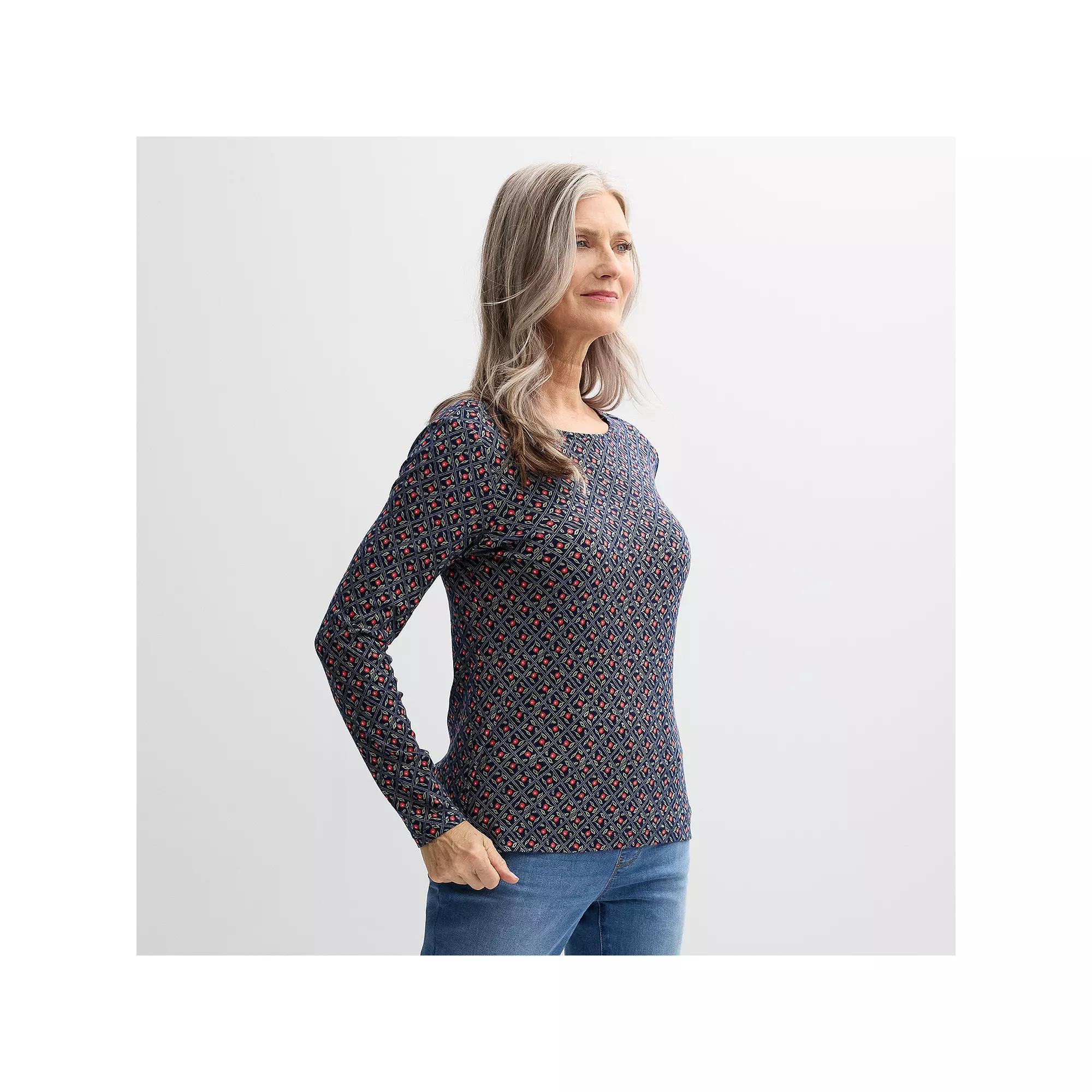 Women's Croft & Barrow® Essential Long-Sleeve Crewneck Tee, Size: Medium, Blue Garden Tile Product Image