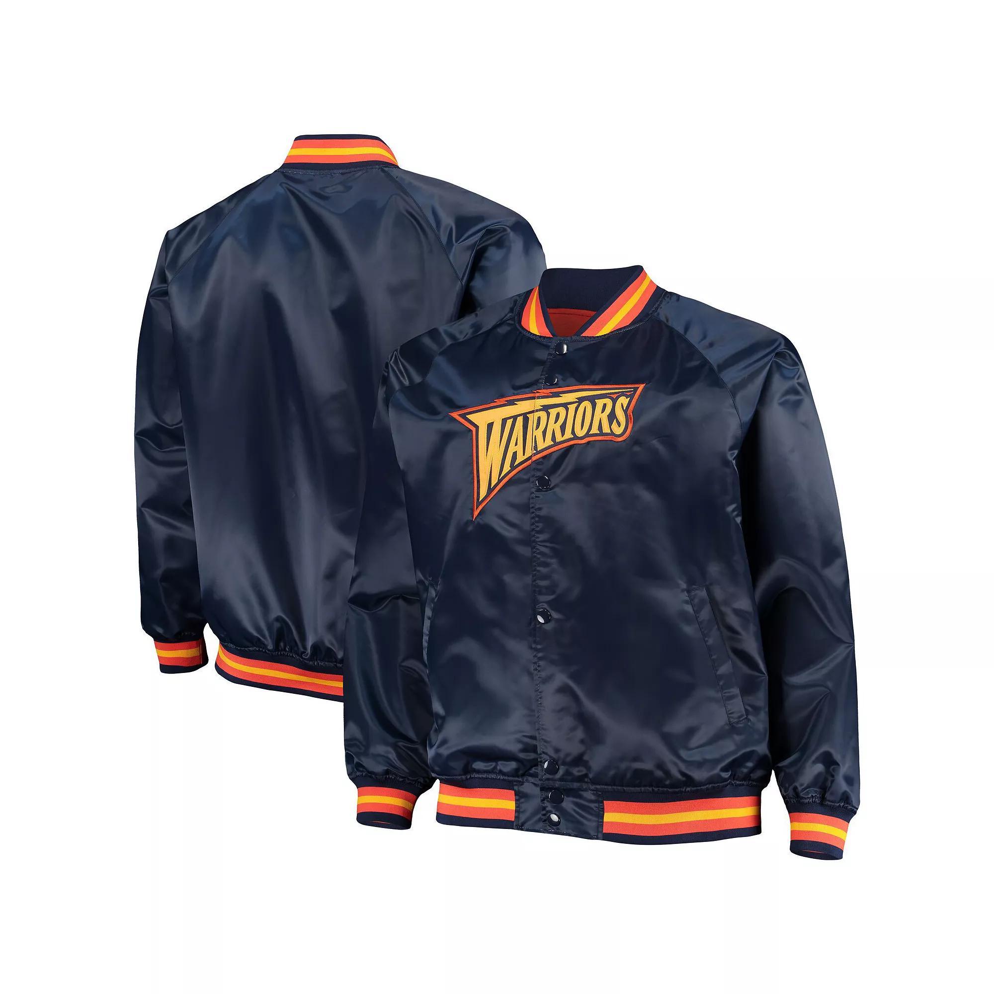 Men's Mitchell & Ness Navy Golden State Warriors Big & Tall Hardwood Classics Raglan Satin Full-Snap Jacket, Size: 6XB, Blue Product Image