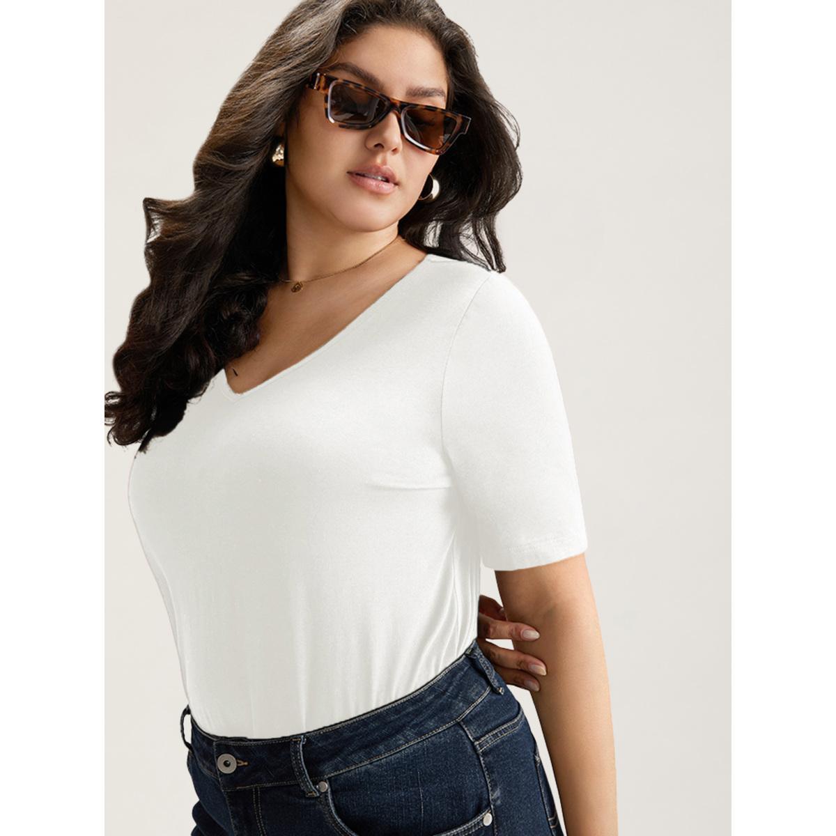 Plus Size Cotton V Neck Plain Basic T-shirt White Women Basics Non Plain V-neck Everyday T-shirts BloomChic 26/4X Product Image