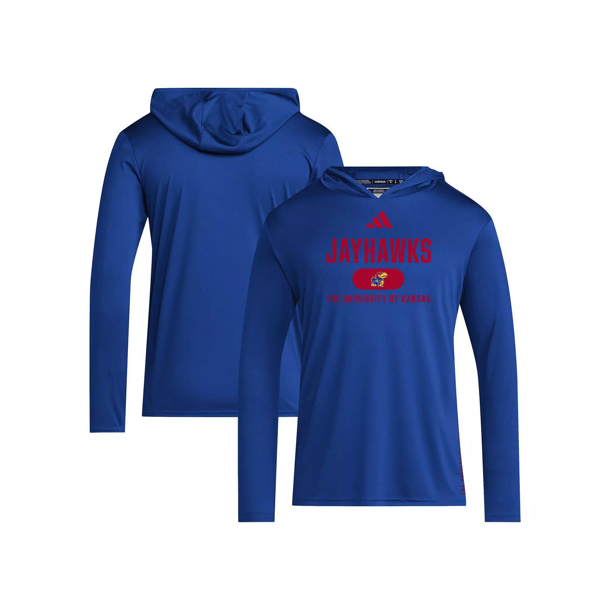 Men's adidas Royal Kansas Jayhawks 2024 Sideline Hooded Long Sleeve T-Shirt, Size: 2XL, Blue Product Image