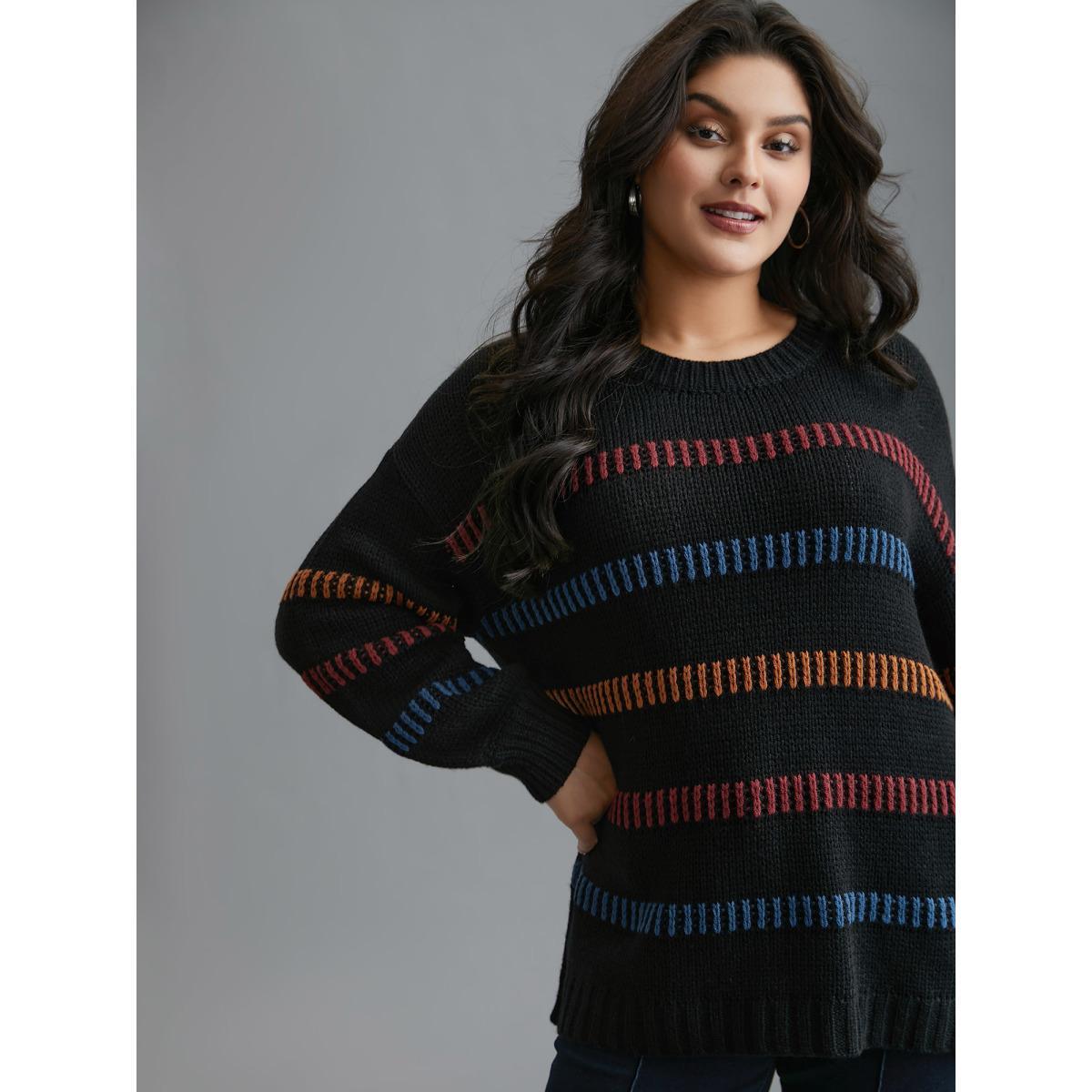 Plus Size Multi-Color Stripes Textured Crew Neck Pullover Black Women Casual Loose Long Sleeve Round Neck Everyday Pullovers BloomChic 18-20/2X Product Image