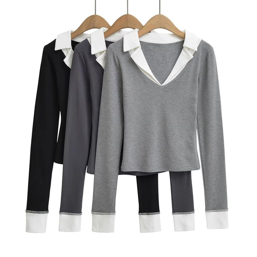 Mock Two-Piece Long-Sleeve Two Tone Collared Top Product Image