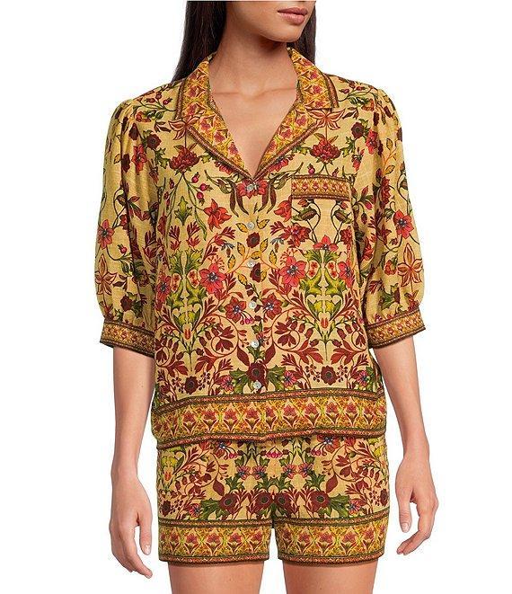 A Loves A Woven Floral Print Notch Lapel 3/4 Bubble Sleeve Button Front Coordinating Camp Shirt Product Image