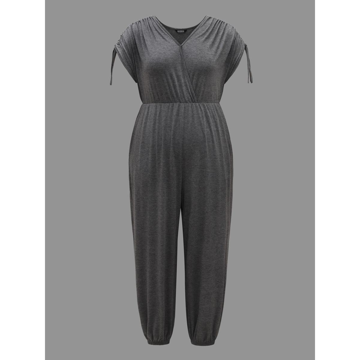 Plus Size DimGray Surplice Neck Drawstring Stretch Jumpsuit Women Casual Short sleeve Overlap Collar Everyday Loose Jumpsuits BloomChic 28/5X Product Image