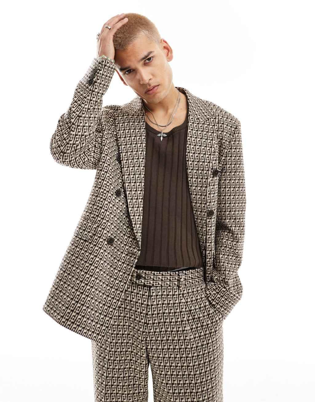 Viggo fernandes double breasted oversized checked suit jacket in tan Product Image