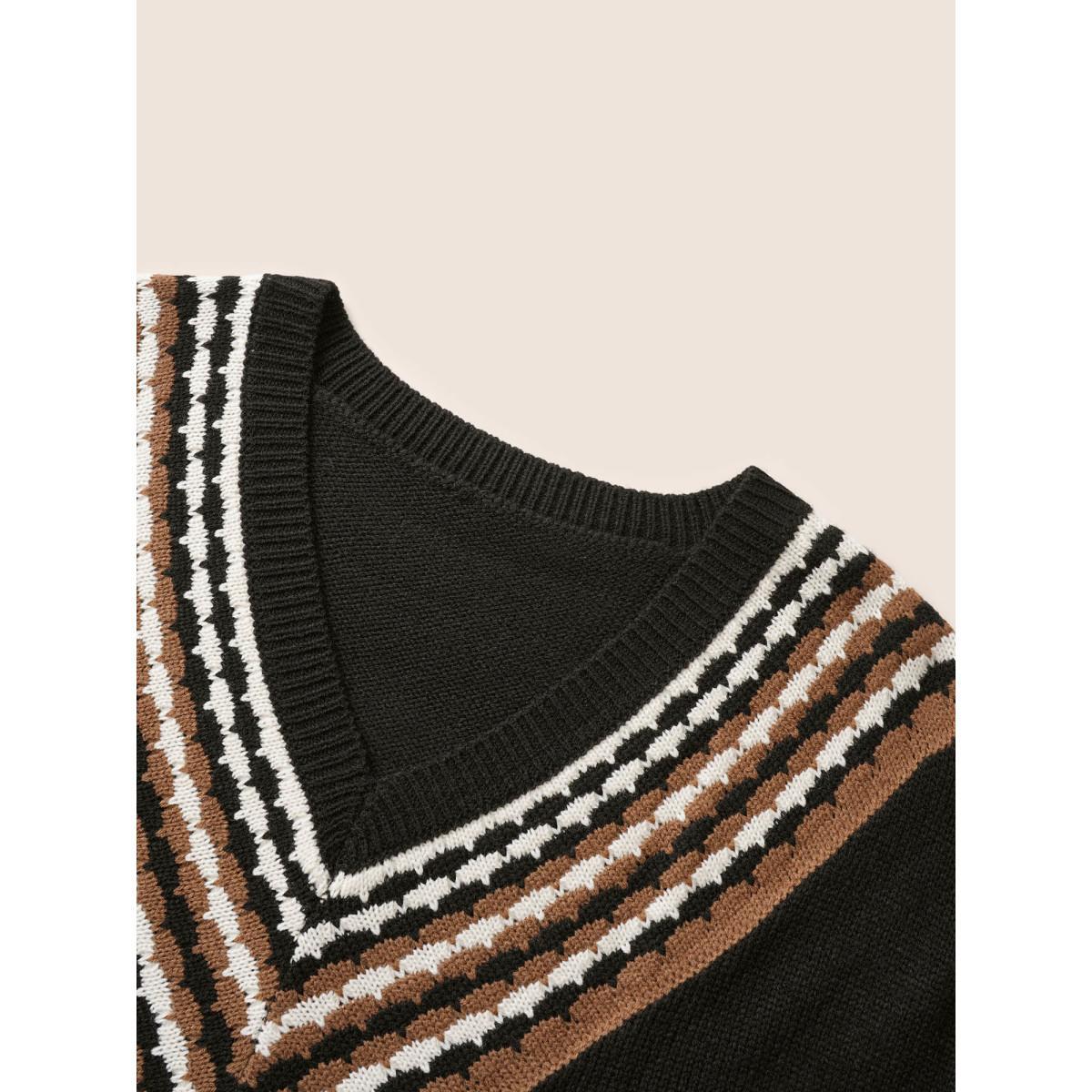 Plus Size V Contrast Striped Patchwork Knit Pullover Black Women Casual Loose Long Sleeve V-neck Dailywear Pullovers BloomChic 12/L Product Image