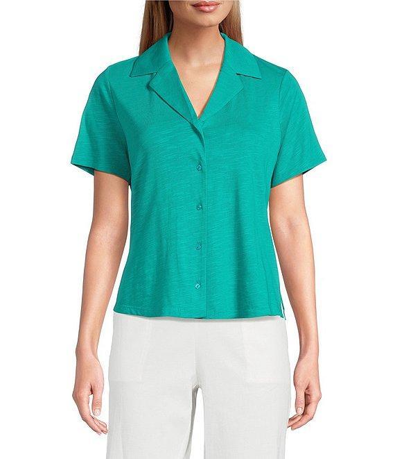 Investments Knit Short Sleeve Button Front Notch Collar Camp Top Product Image