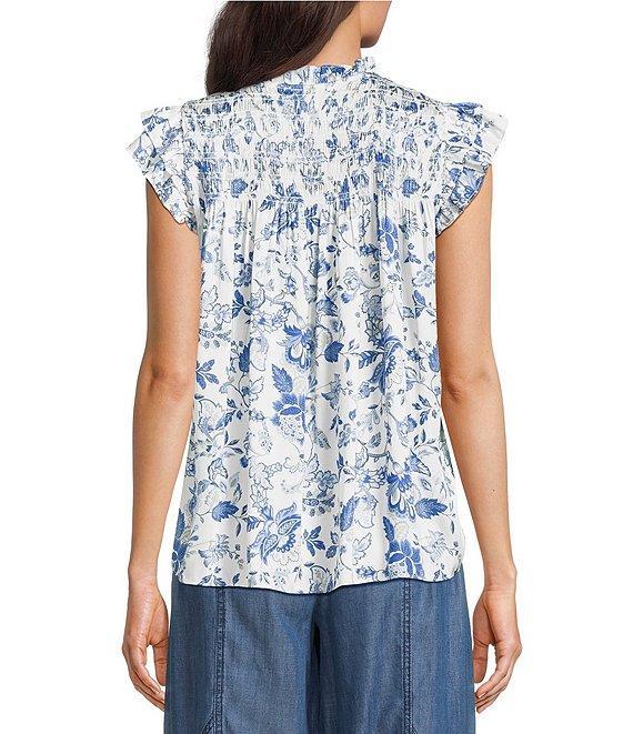 Current Air Woven Floral Print Ruffle Collar Short Sleeves Smoke Yoke Blouse Product Image