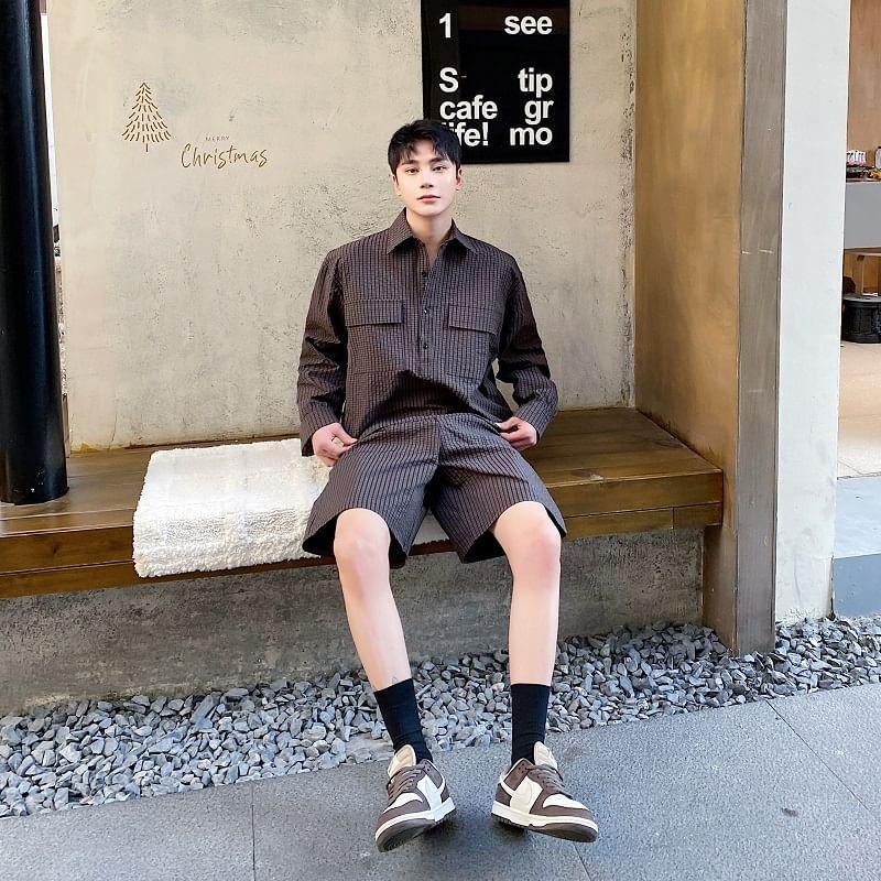 Set: Collared Striped Shirt + Mid Rise Shorts Product Image