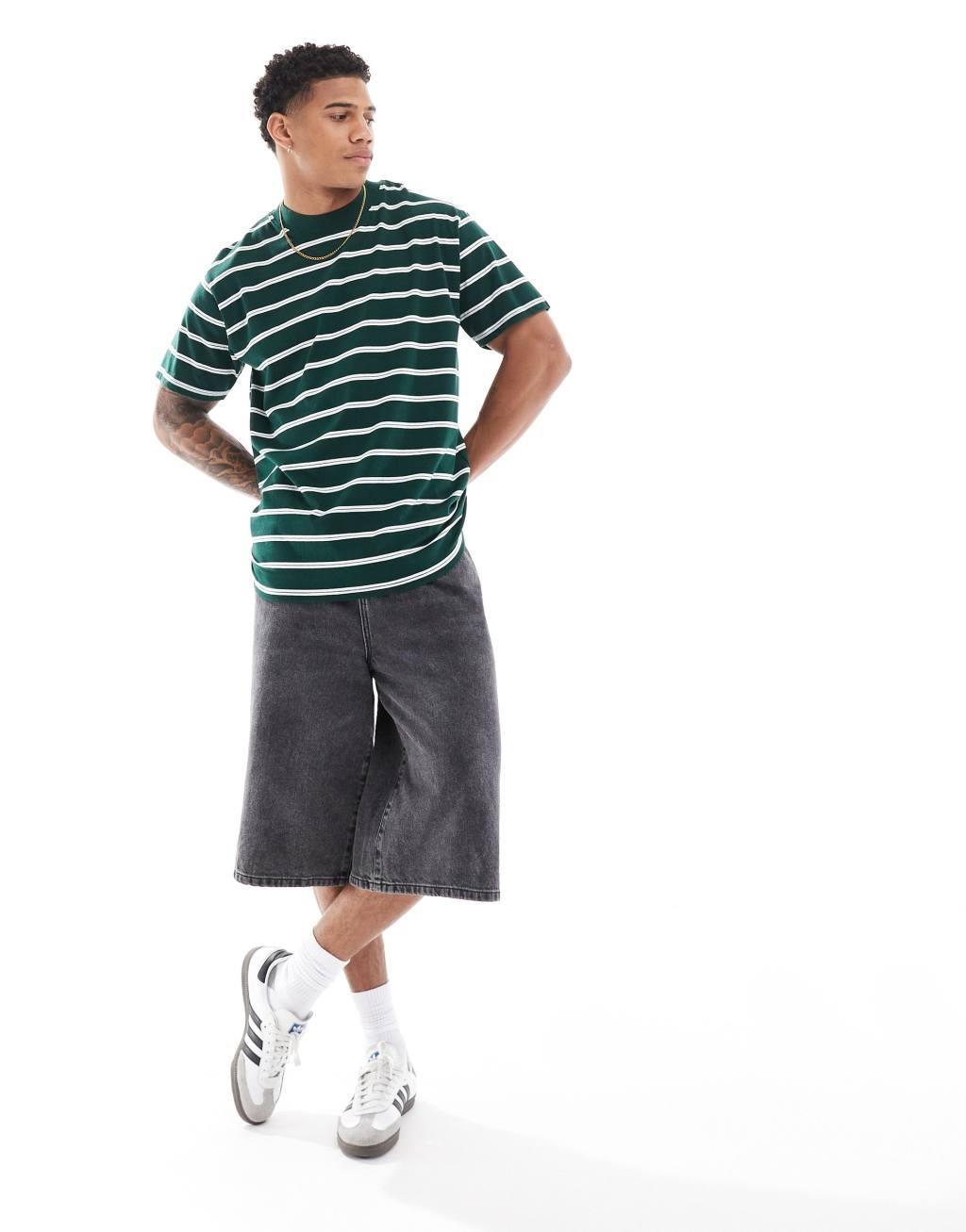 Brave Soul oversized high neck striped T-shirt in dark green & white Product Image