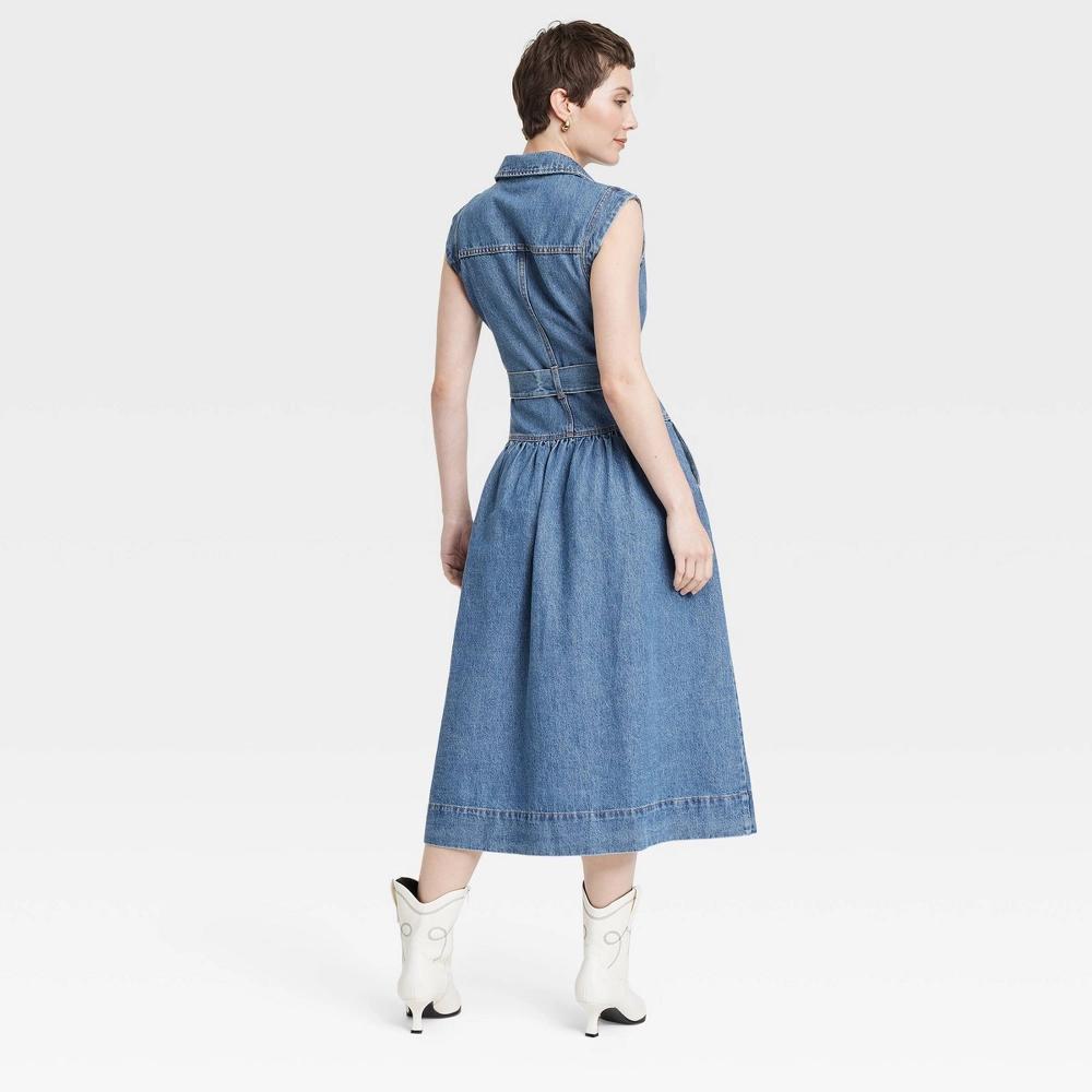 Womens Tie-Waist Midi A-Line Dress - Universal Thread Indigo 10: Cotton Blend, Front Button Down, Side Pockets Product Image