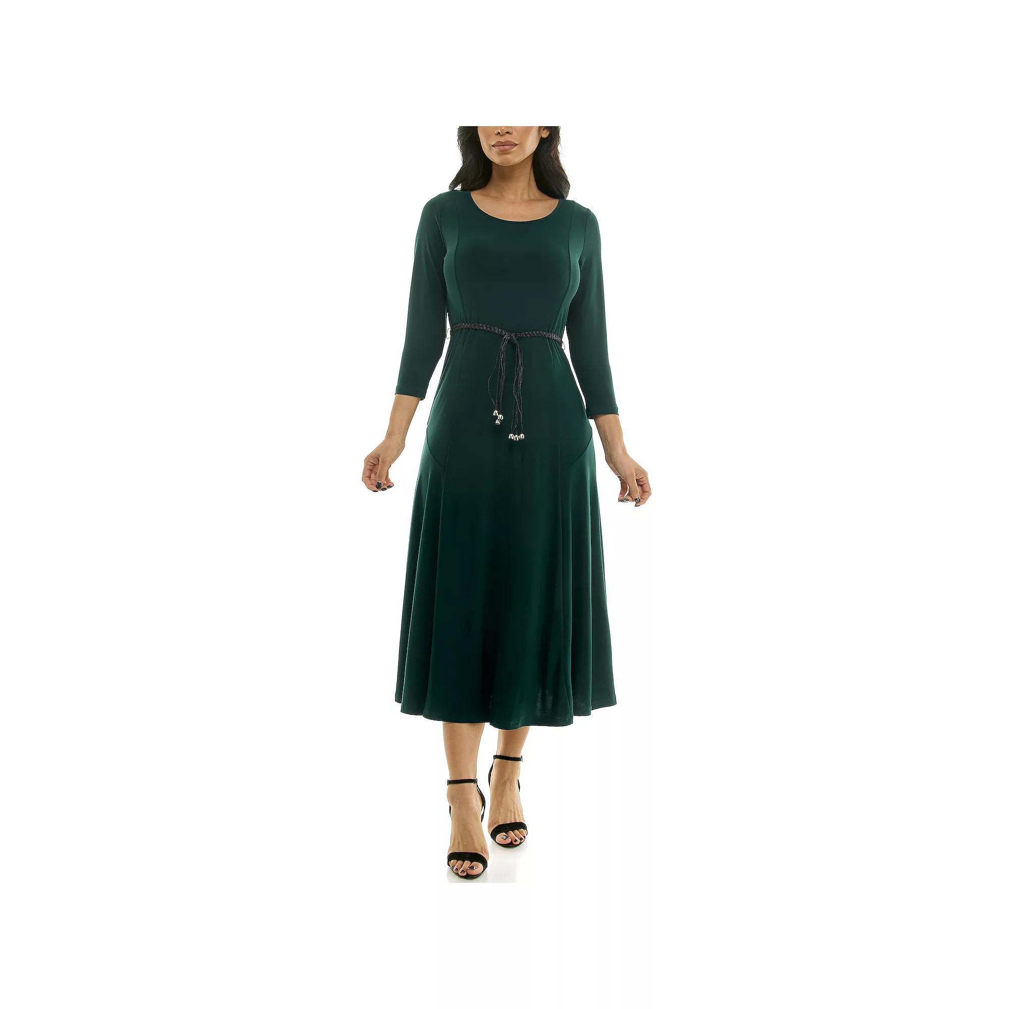 Womens Nina Leonard Sylvia Three-Quarter Sleeve Belted Midi Dress Rich Green Product Image