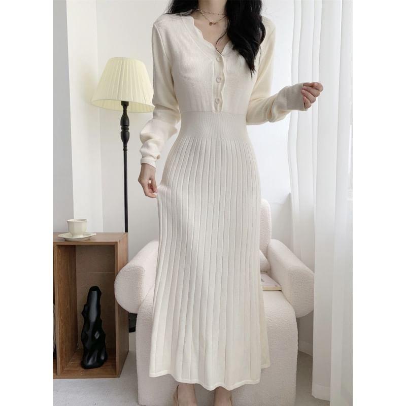 Long-Sleeve Henley Plain Midi A-Line Knit Dress Product Image
