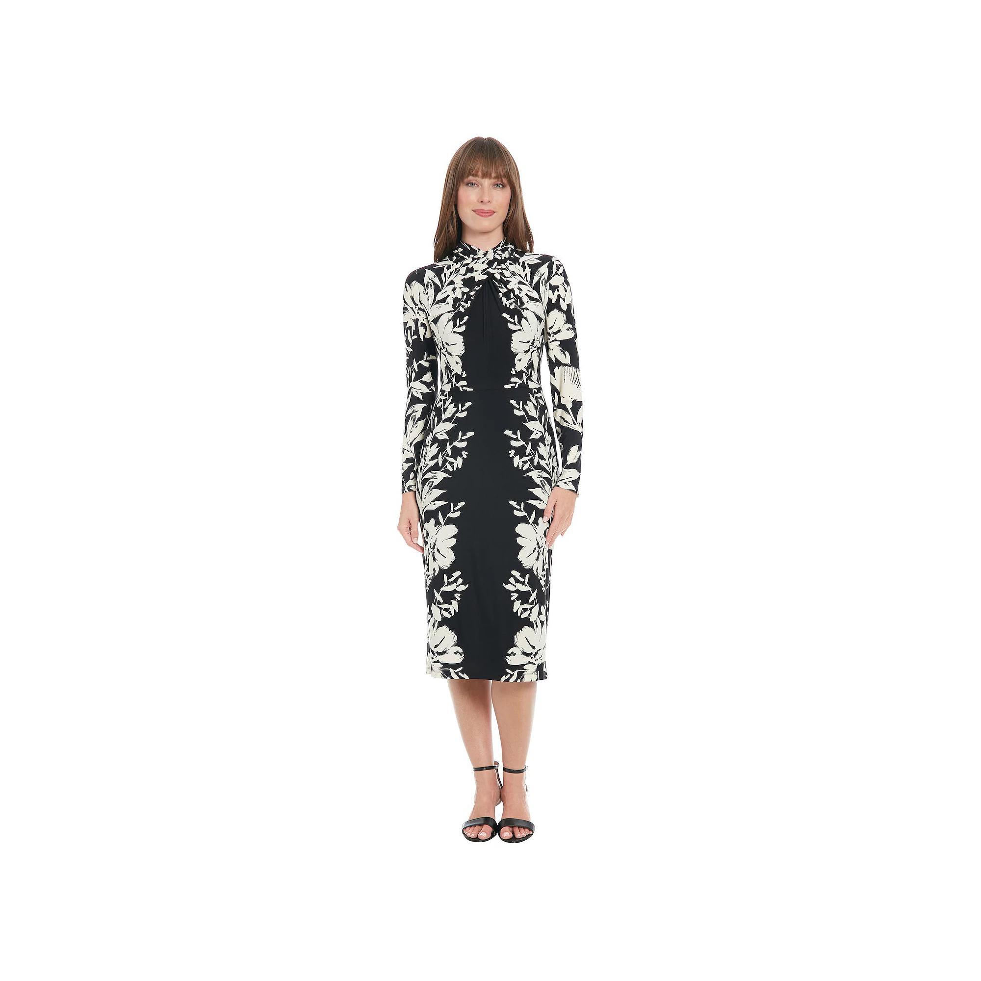Women's London Times Criss Cross Neck Long Sleeve Midi Dress, Size: 10 Petite, Black Cream Product Image