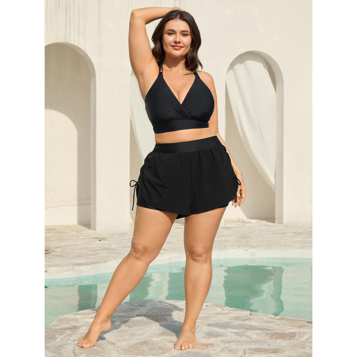 Plus Size Adjustable Side Drawstring Swim Bottoms Women's Swimwear Black Beach Drawstring High stretch Bodycon Mid Rise Curve Swim Bottoms BloomChic 30/6X Product Image