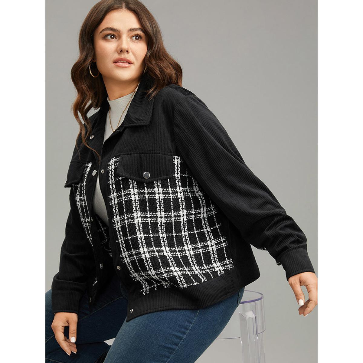 Plus Size Plaid Metal Detail Patchwork Shacket Women Black Elegant Texture Ladies Everyday Winter Coats BloomChic 14-16/1X Product Image