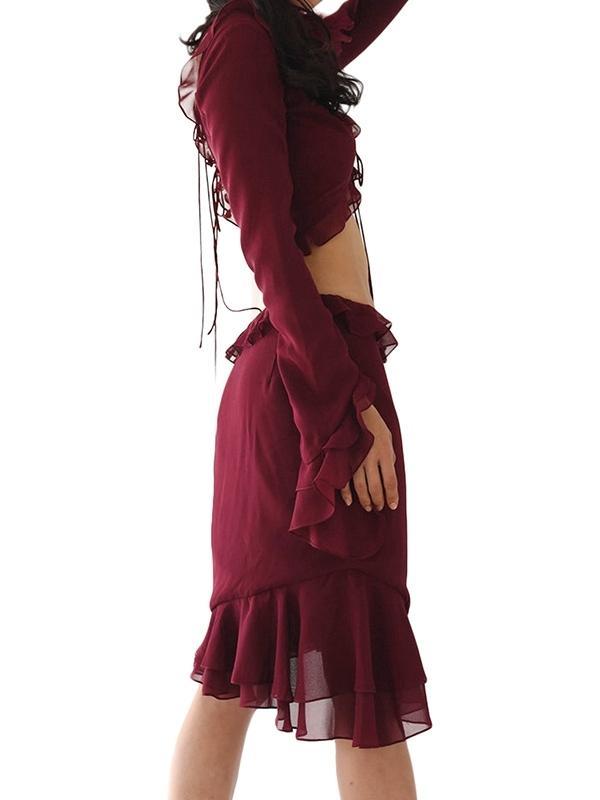 Chiffon Ruffled Trim Tie Front Long Sleeve Tee & Split Skirt Set Product Image