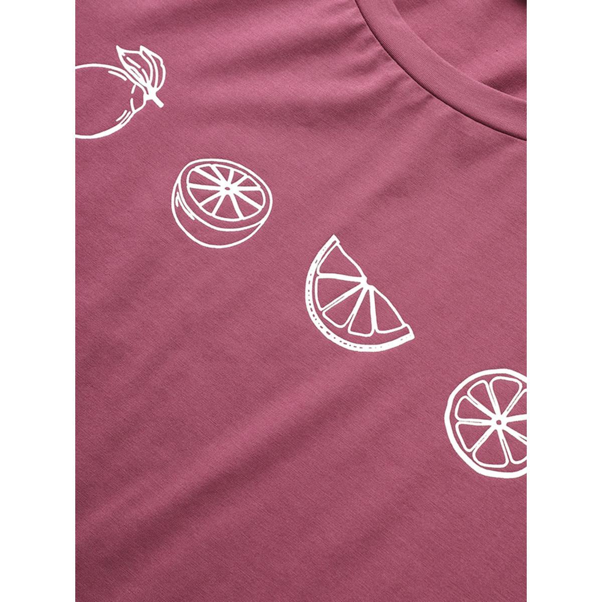 Plus Size Plain Lemon Print Crew Neck T-shirt DustyPink Women Resort Fruit Vacation T-shirts BloomChic 28/5X Product Image