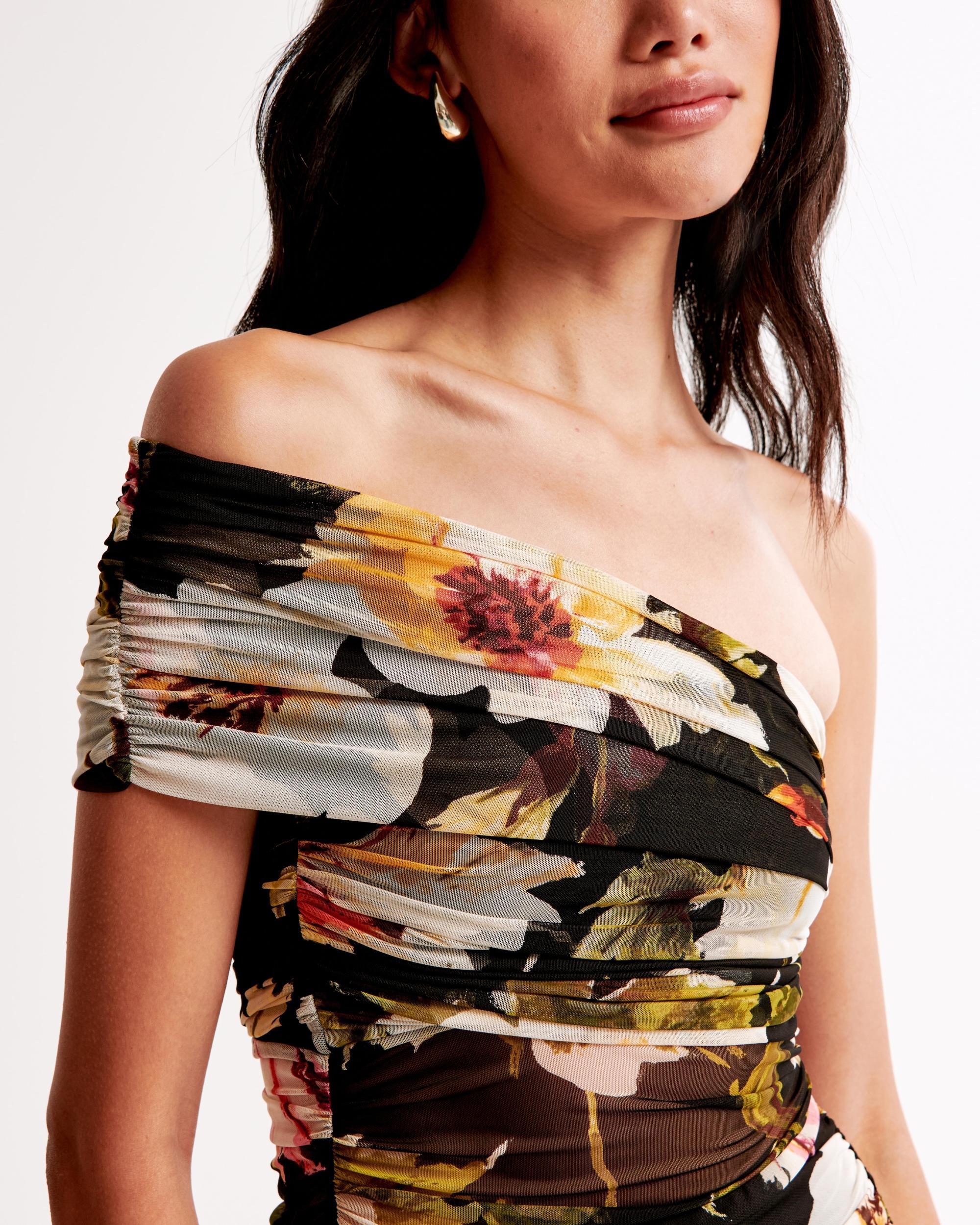 Mesh Asymmetrical Off-The-Shoulder Draped Maxi Dress Product Image