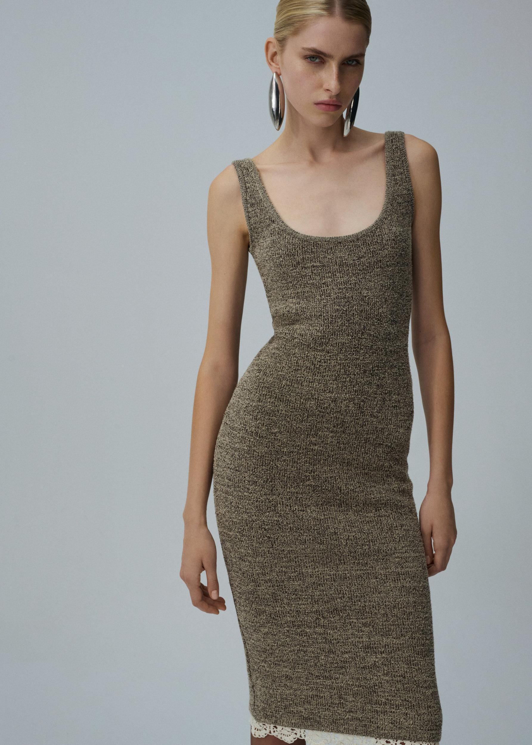 Lace detail knit mini dress in brown Product Image
