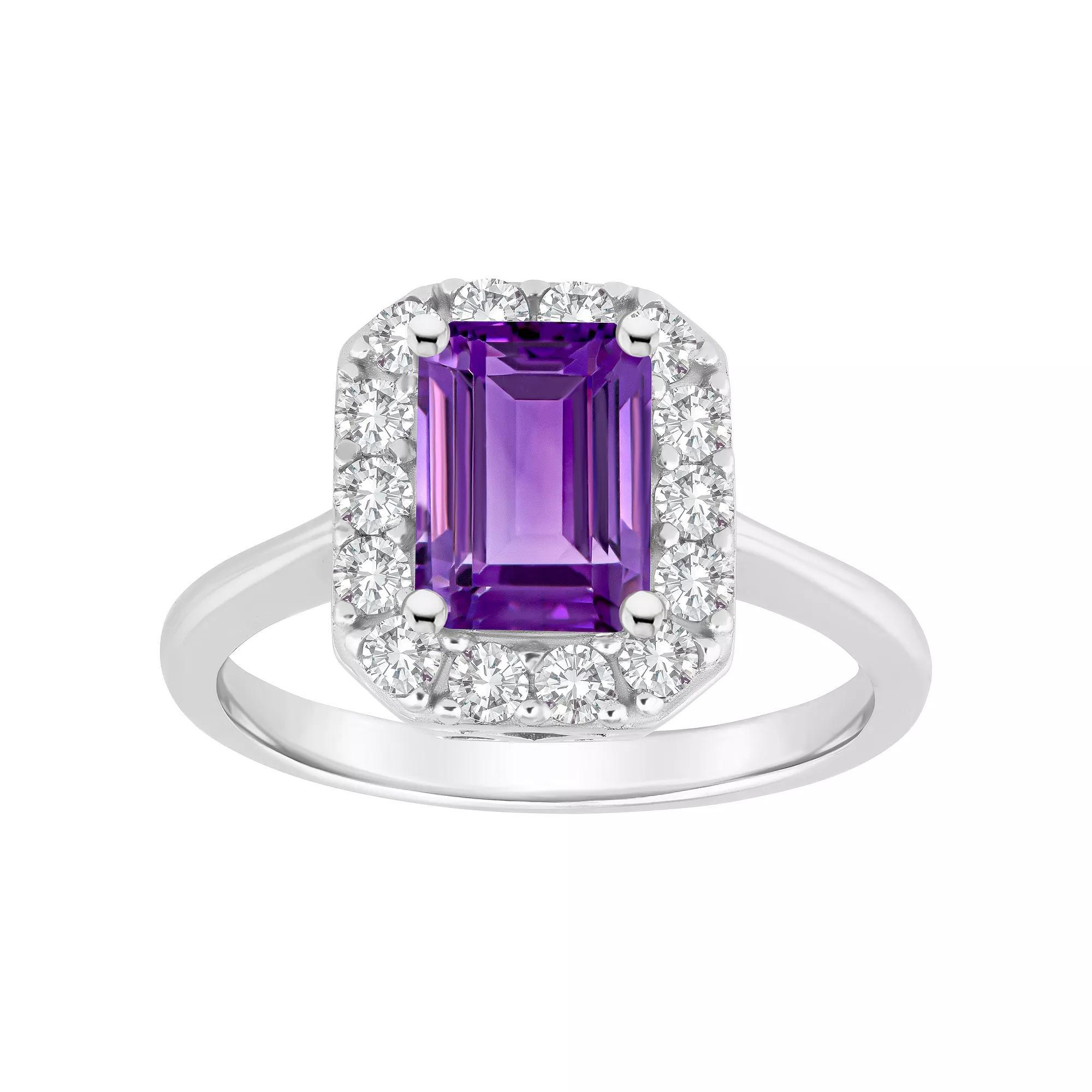 Celebration Gems Sterling Silver Emerald Cut Gemstone Halo Ring, Womens Purple Product Image
