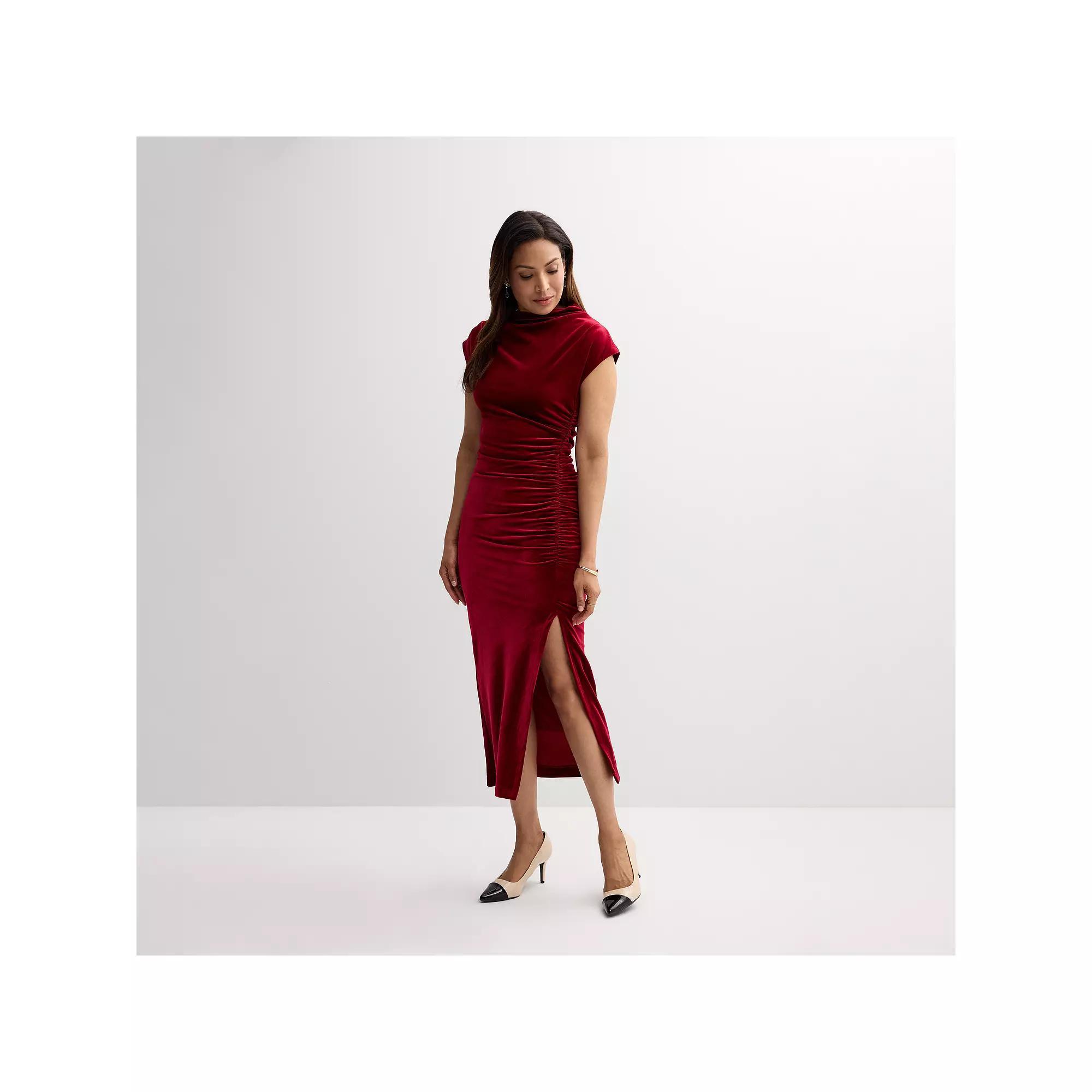 Women's Robbie Bee High Neck Ruched Velvet Midi Dress, Size: XXL, Red Product Image