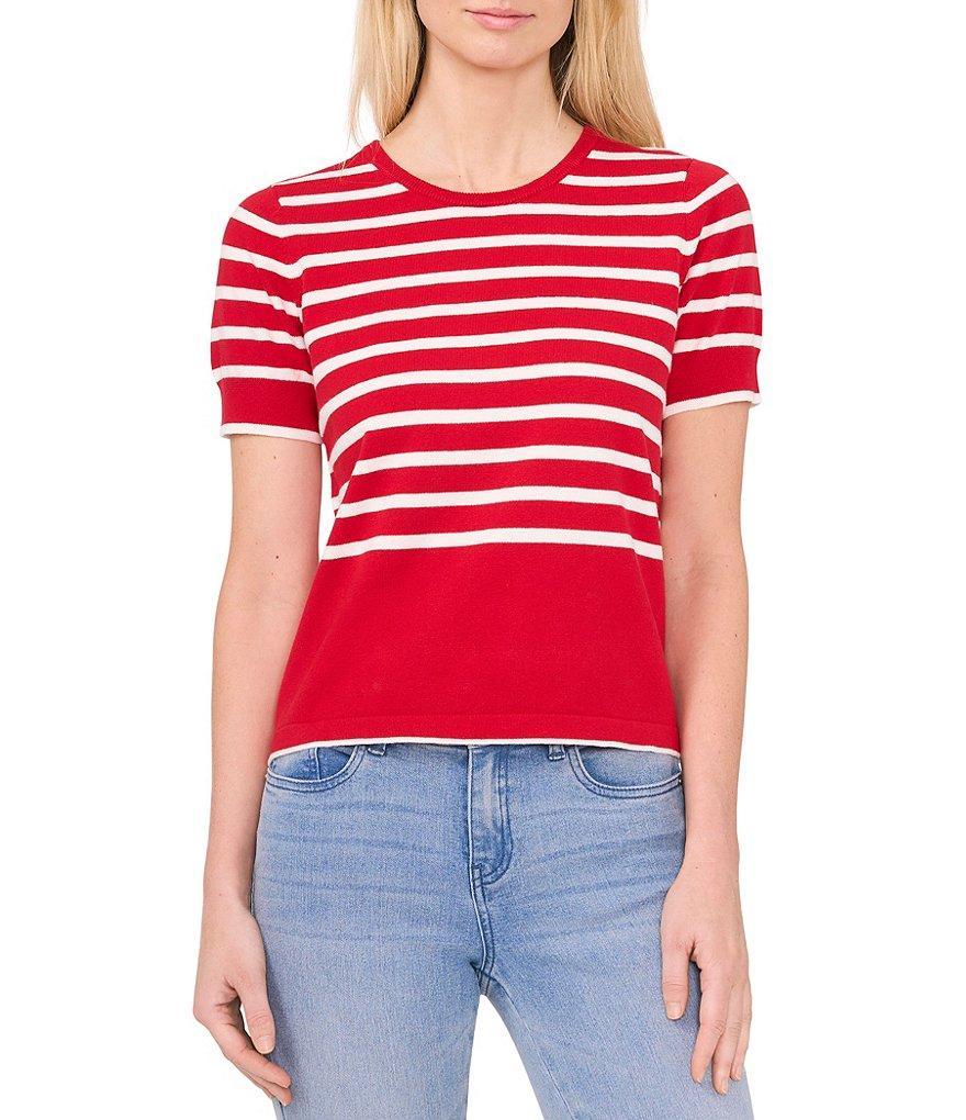 CeCe Short Sleeve Striped Crew Neck Sweater Top Product Image