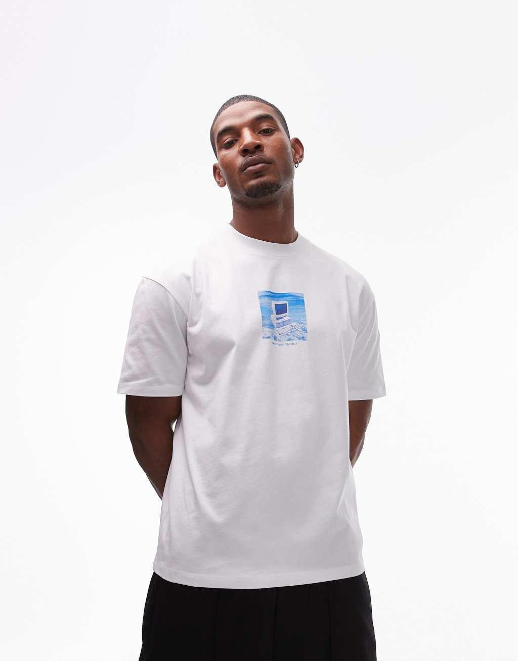 Topman oversized fit T-shirt with computer print in white Product Image