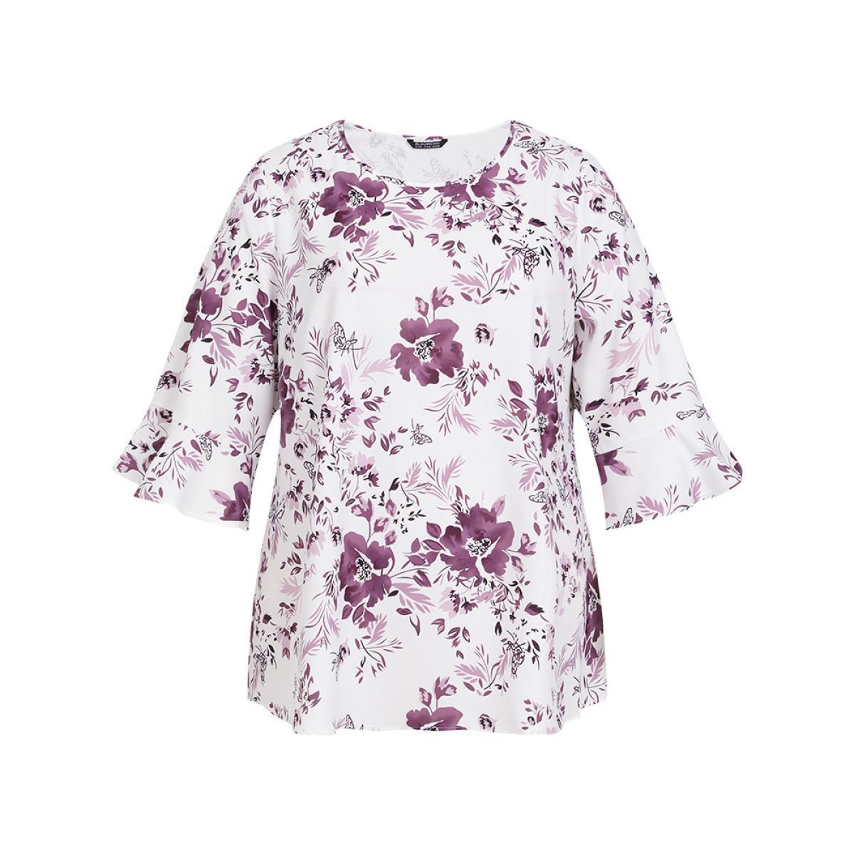 Plus Size Multicolor Floral Print Bell Sleeve Crew Neck Blouse Women Elegant Elbow-length sleeve Round Neck Dailywear Blouses BloomChic 10/M Product Image