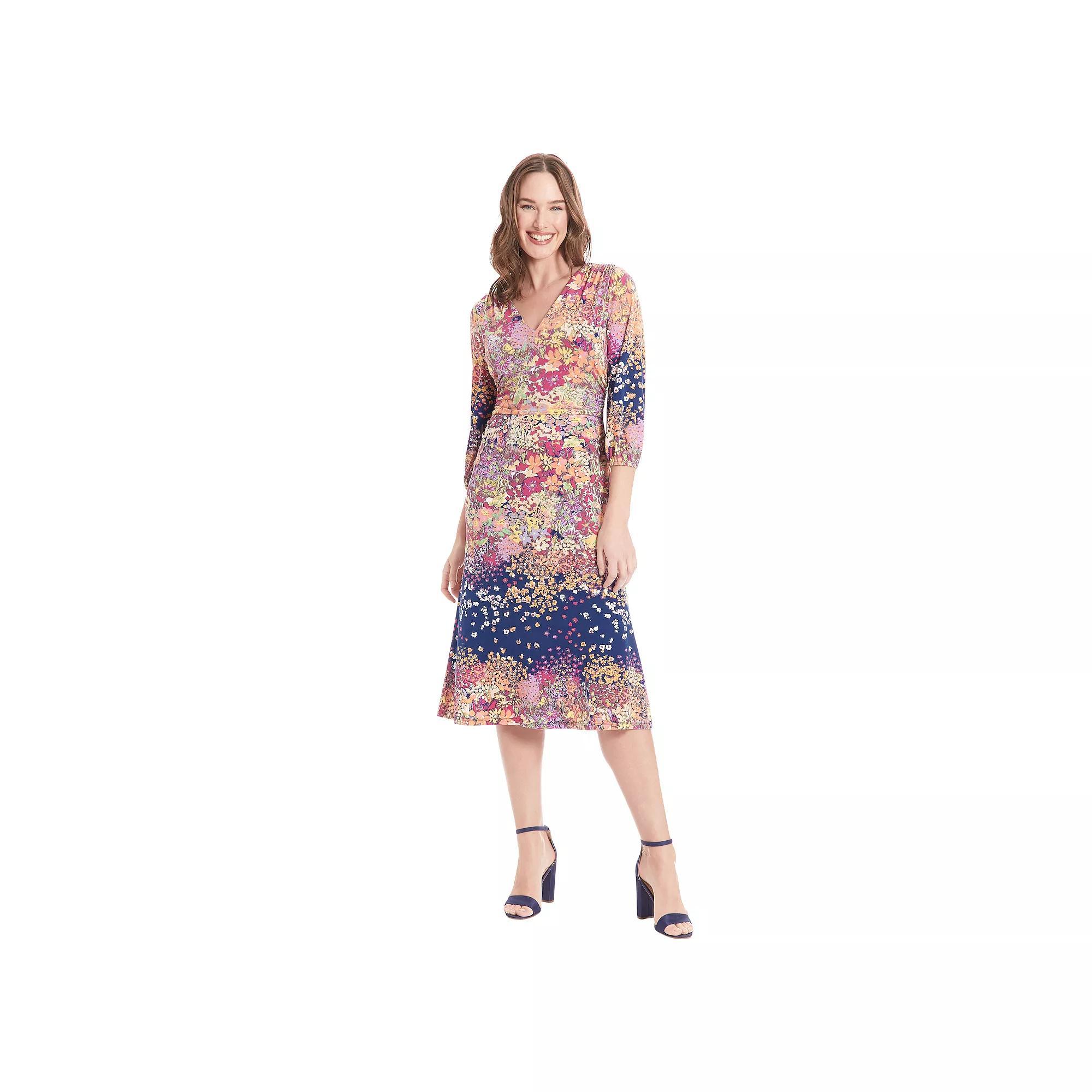 Women's London Times V-Neck 3/4 Bishop Sleeve Cinched Midi Dress, Size: 14, Multi Floral Product Image